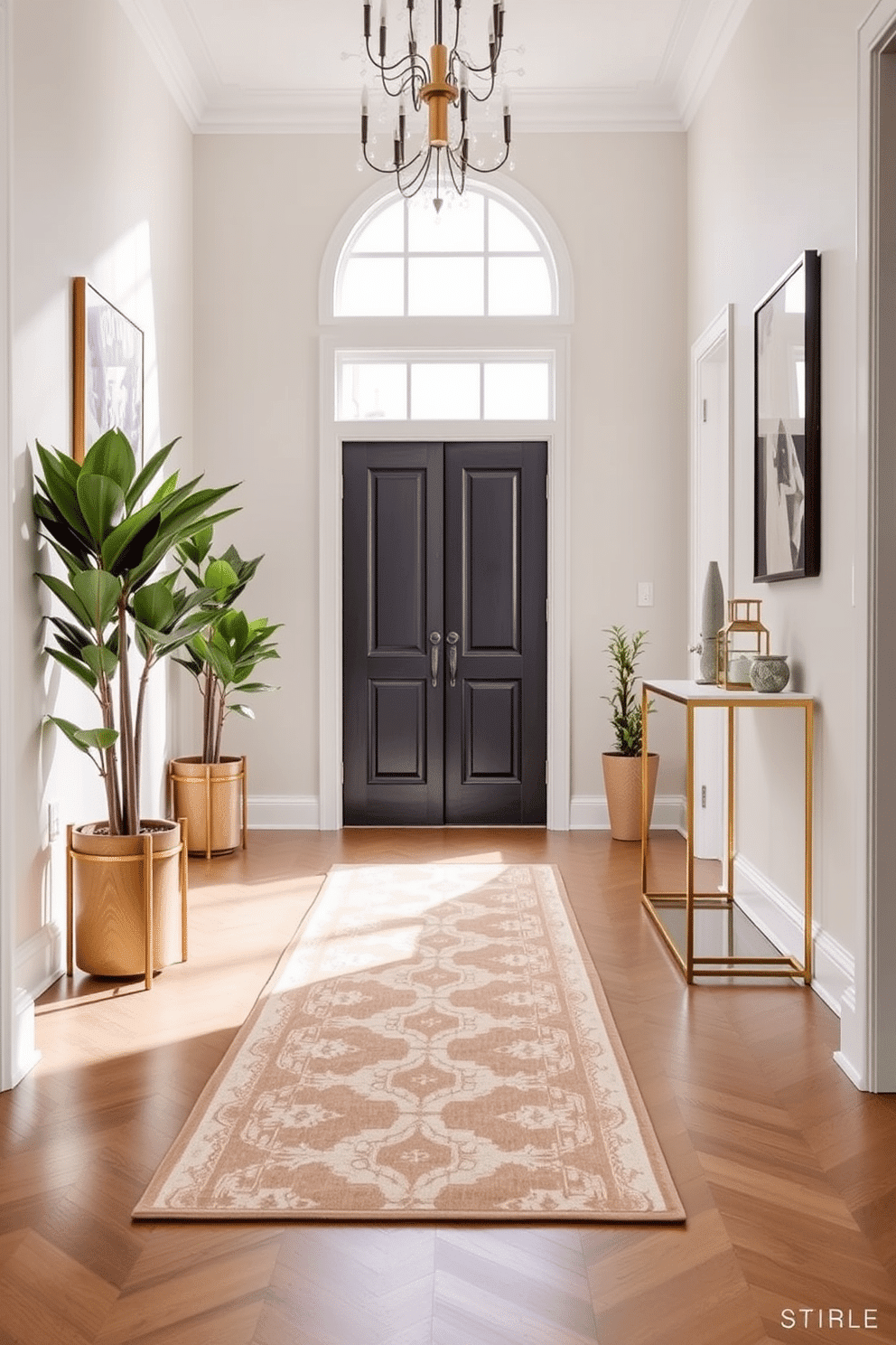 A chic entryway features a stylish runner rug that complements the overall decor. The rug showcases a geometric pattern in soft pastel colors, adding a touch of warmth and sophistication to the space. The walls are adorned with elegant artwork, while a sleek console table sits against one side, topped with decorative accents. Potted plants flanking the entryway create a welcoming atmosphere, enhancing the modern aesthetic.