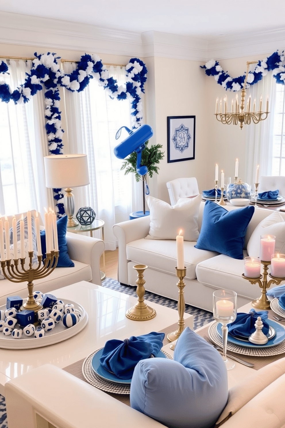 A festive living room adorned in a blue and white color scheme, featuring a large menorah on the coffee table surrounded by decorative dreidels. The walls are draped with blue and white garlands, and plush throw pillows in varying shades of blue add a cozy touch to the white sofa. In one corner, a beautifully set dining table showcases blue and white dinnerware, with candles flickering in elegant holders. The windows are adorned with sheer white curtains, allowing soft light to filter in, enhancing the festive atmosphere.