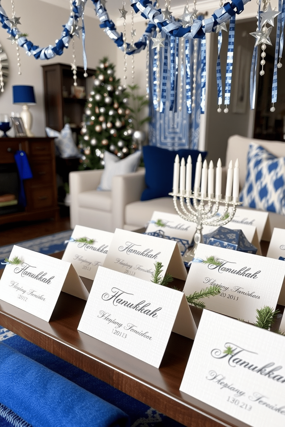 Personalized place cards for holiday dinner. Each card features elegant calligraphy on a textured cardstock, adorned with a small sprig of evergreen and a festive ribbon. Apartment Hanukkah Decorating Ideas. The living room is adorned with blue and silver accents, including a beautifully decorated menorah on the coffee table and garlands of stars hanging from the ceiling.