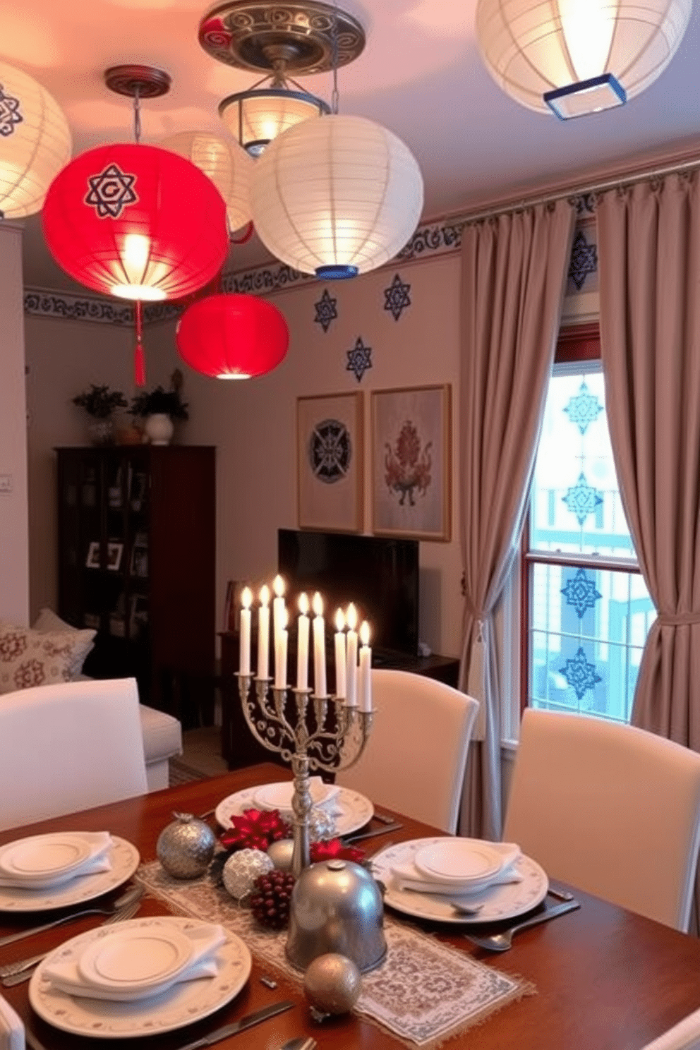 A cozy apartment adorned for Hanukkah, featuring colorful hanging paper lanterns that cast a warm glow throughout the space. The walls are decorated with traditional blue and white motifs, and a beautifully set table showcases a menorah surrounded by festive ornaments.