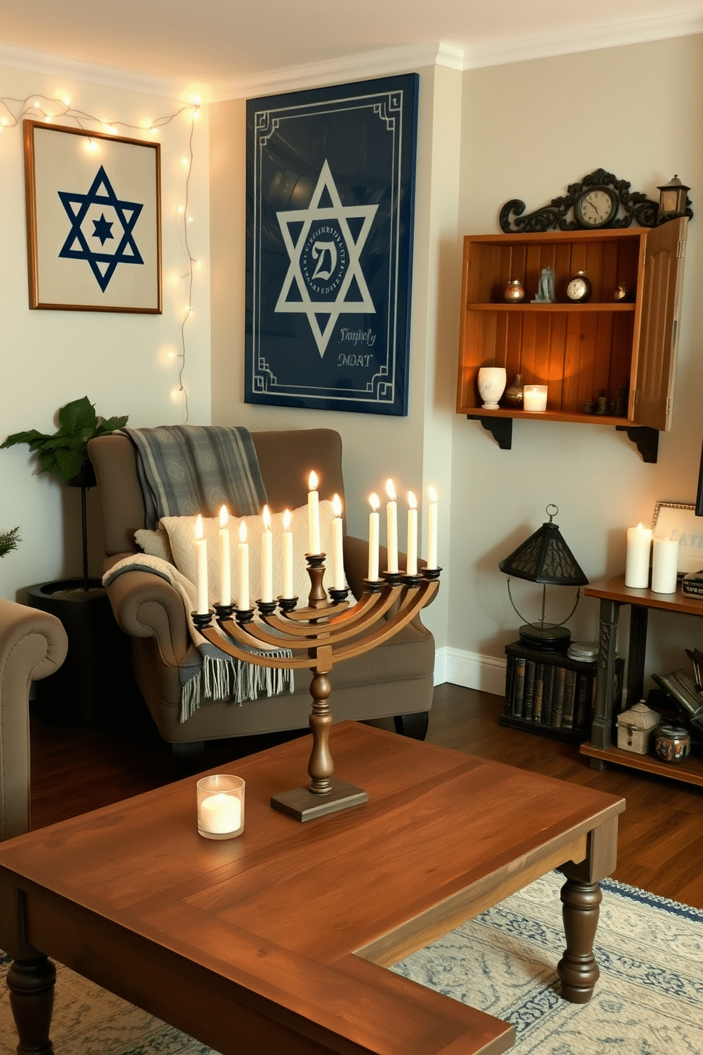 A cozy living room adorned with vintage Hanukkah decorations, featuring a beautifully crafted wooden menorah placed on a rustic coffee table. The walls are adorned with nostalgic blue and white dreidel artwork, and a string of twinkling fairy lights creates a warm ambiance. In the corner, a plush armchair is draped with a festive throw blanket, while a collection of antique Hanukkah ornaments is displayed on a nearby shelf. The atmosphere is inviting, with a soft glow from candles illuminating the space, perfect for celebrating the holiday with family and friends.