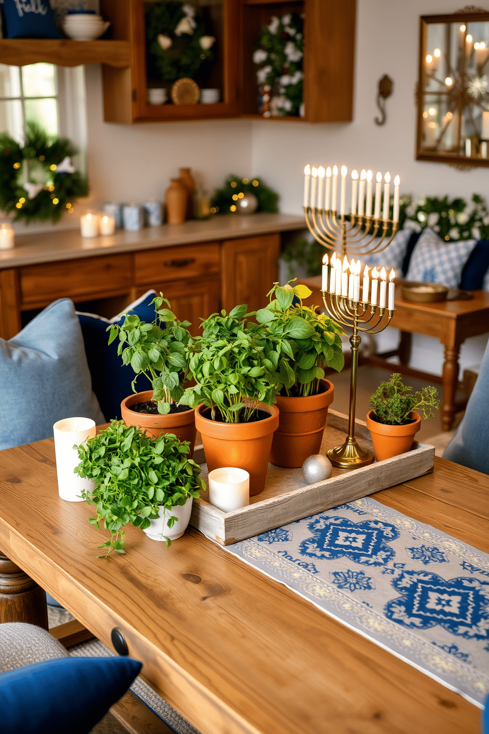 A vibrant kitchen setting featuring potted herbs as a natural centerpiece on a rustic wooden table. The herbs are arranged in various sizes of terracotta pots, surrounded by soft candlelight and festive decor for a warm, inviting atmosphere. A cozy living room adorned with elegant Hanukkah decorations, including a beautifully lit menorah on the coffee table. The room is accented with blue and silver accents, featuring plush throw pillows and a festive table runner that enhances the holiday spirit.