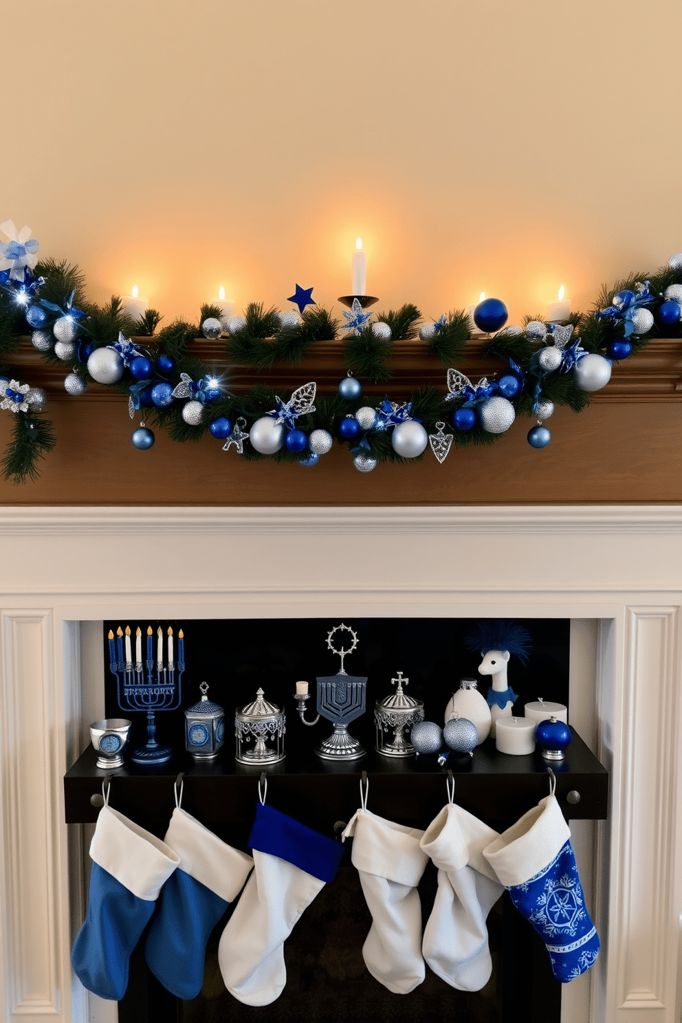 A playful Hanukkah garland drapes elegantly across the mantel, adorned with vibrant blue and silver decorations that shimmer in the soft glow of candlelight. Below the garland, a collection of festive menorahs and dreidels adds a touch of tradition, while cozy stockings hang in anticipation of the holiday spirit.