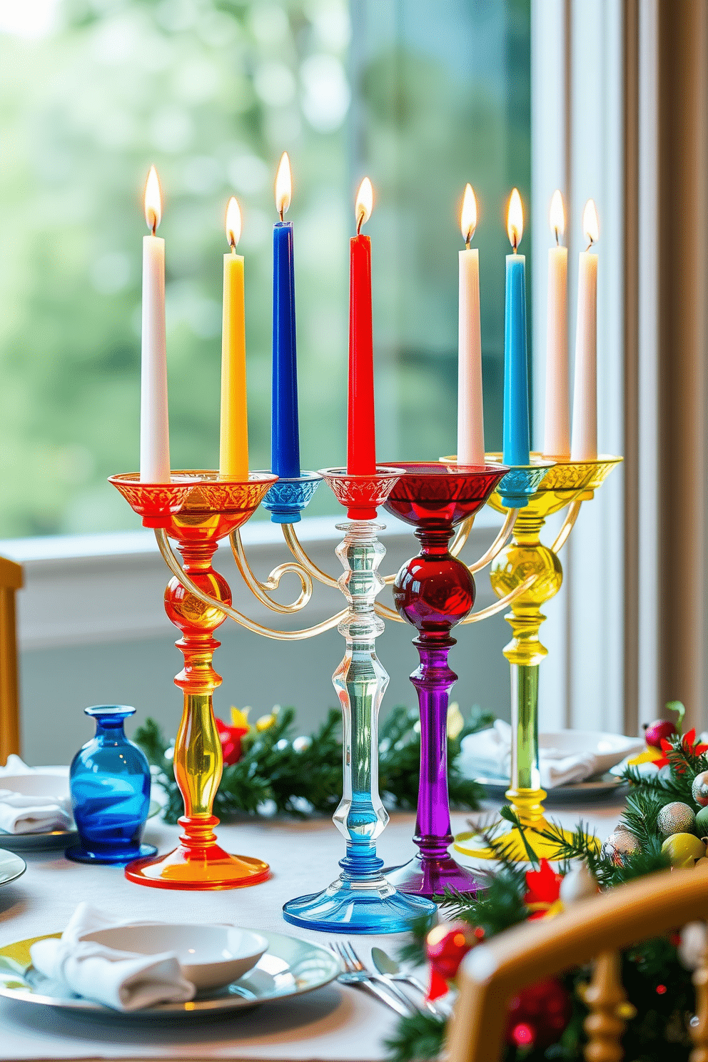 A vibrant display of colorful glass candle holders for a menorah, each uniquely shaped and reflecting a spectrum of hues. They are arranged on a beautifully set table adorned with festive decorations, creating a warm and inviting atmosphere for Hanukkah celebrations.