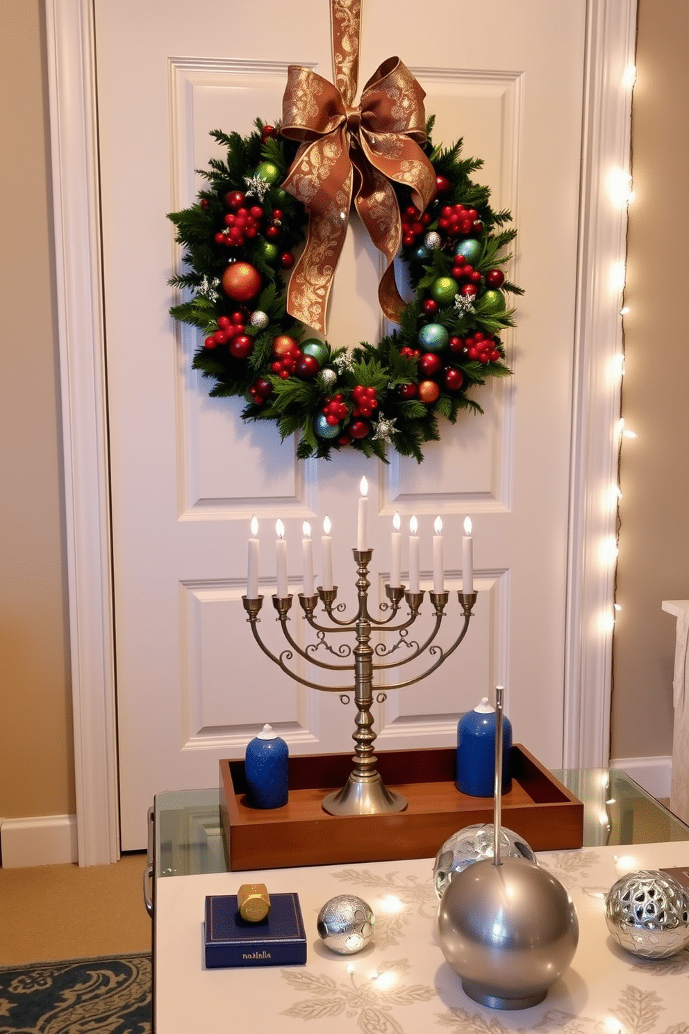 A vibrant festive wreath adorned with colorful ornaments and shimmering ribbons hangs on the front door, welcoming guests with a cheerful holiday spirit. The wreath features a mix of evergreen branches and bright red berries, complemented by a large bow at the top for an elegant touch. For an apartment celebrating Hanukkah, the decor includes a beautifully arranged menorah placed on a stylish coffee table, surrounded by blue and silver accents. String lights in soft white illuminate the space, while decorative dreidels and a festive tablecloth add a warm, inviting atmosphere.