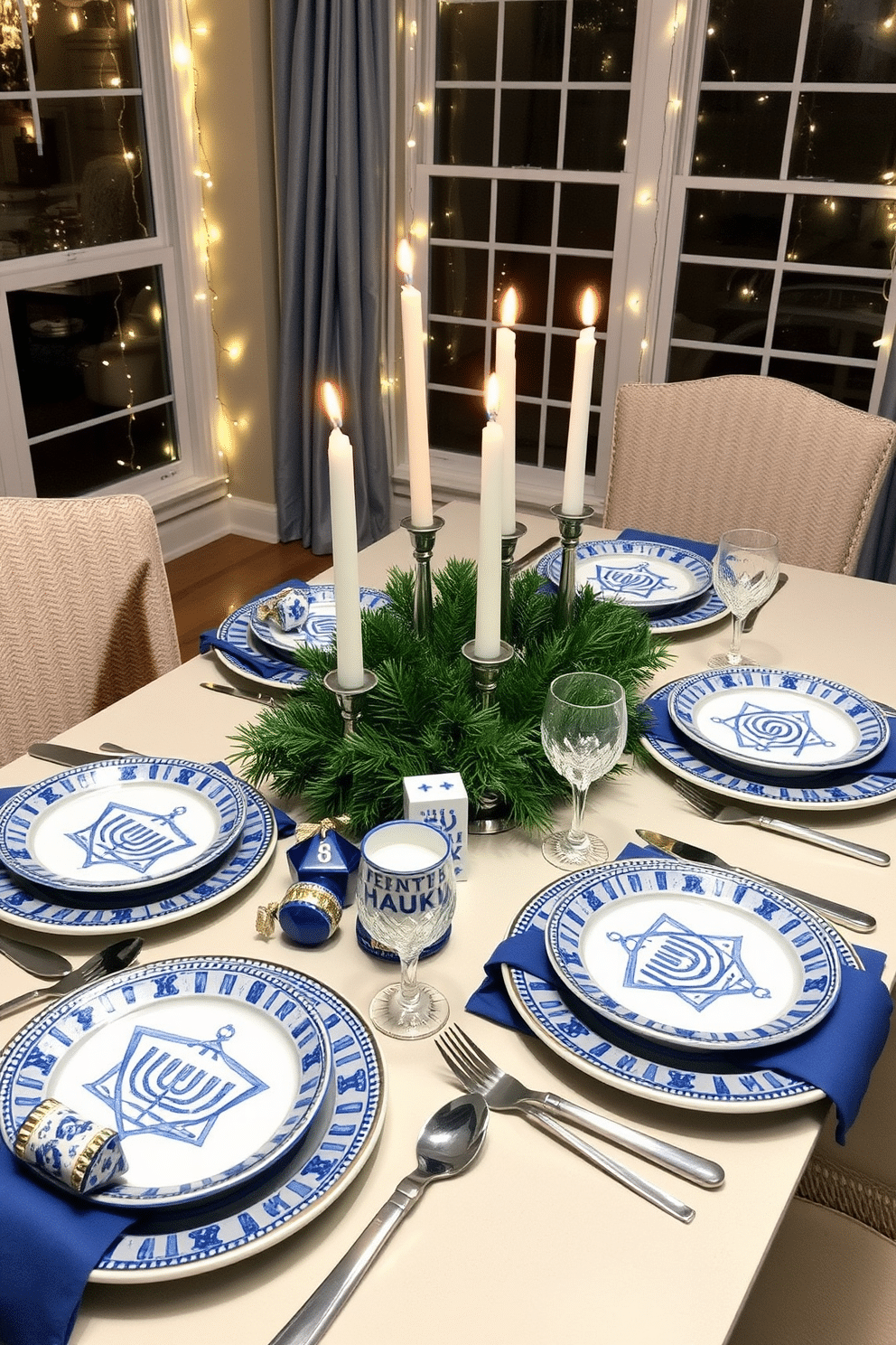 A charming holiday-themed dishware display features an elegant arrangement of blue and white ceramic plates adorned with menorah designs. The table is set with sparkling silver cutlery and festive napkins, complemented by a centerpiece of fresh greenery and candles. For apartment Hanukkah decorating ideas, consider draping string lights along the windows and walls to create a warm ambiance. Incorporate traditional symbols such as dreidels and gelt in your decor, enhancing the festive spirit throughout the space.