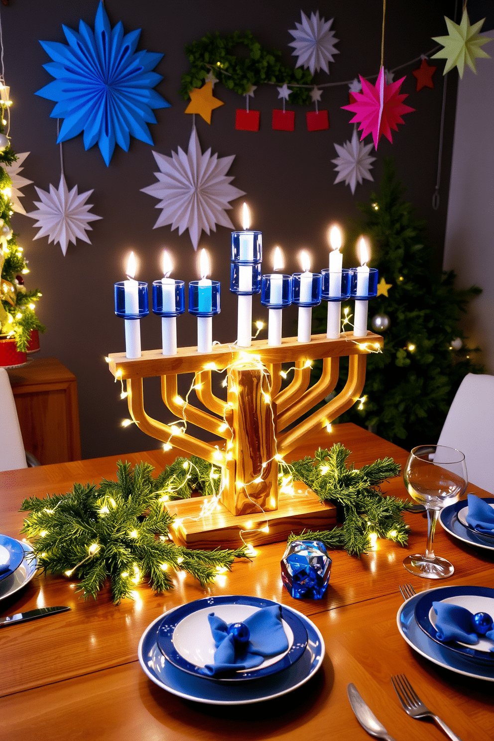 A DIY menorah crafted from reclaimed wood and adorned with colorful glass candle holders creates a stunning centerpiece for your Hanukkah celebration. Surround it with twinkling fairy lights and festive greenery to enhance the holiday spirit in your apartment. For apartment Hanukkah decorating ideas, consider using a mix of traditional and modern elements. Hang paper stars and garlands in vibrant colors to add a playful touch, while incorporating elegant table settings featuring blue and silver accents.