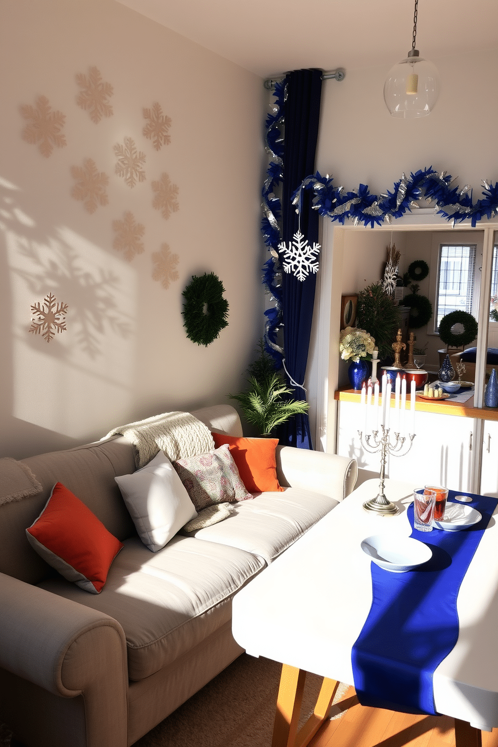 A cozy living room adorned with DIY paper snowflakes hanging delicately in the window, casting intricate shadows on the walls. The space features a plush, oversized sofa in a soft gray fabric, complemented by a warm, knitted throw and colorful accent pillows. An inviting apartment filled with festive Hanukkah decorations, including a beautifully set table with a menorah at the center. The walls are adorned with blue and silver garlands, while a vibrant table runner adds a pop of color, enhancing the celebratory atmosphere.