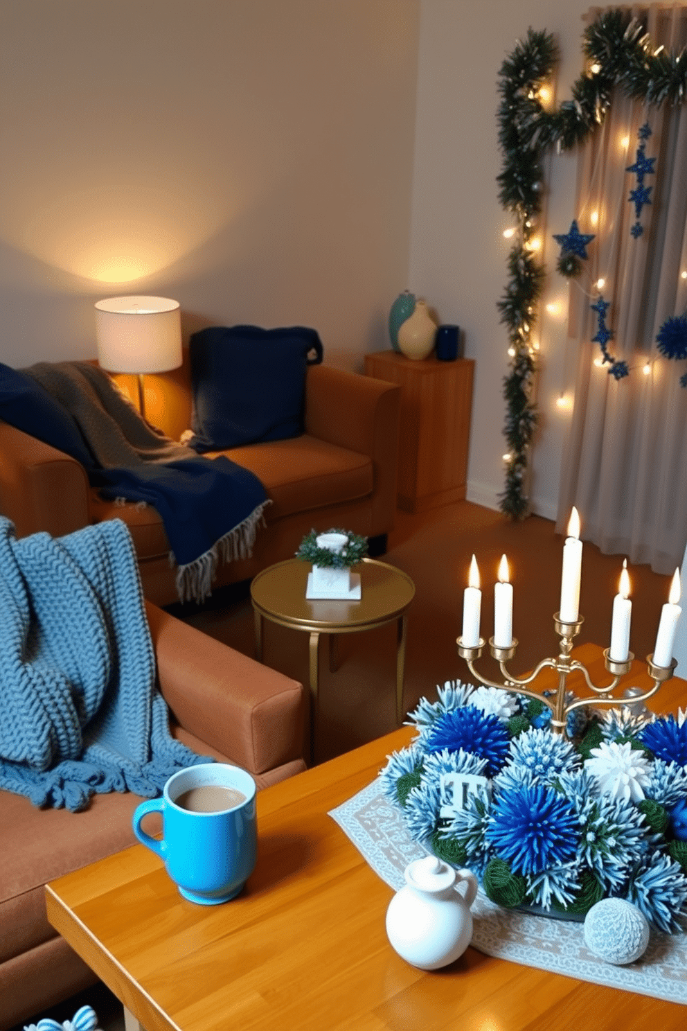 A cozy seating area adorned with warm, textured blankets draped over plush armchairs. Soft, ambient lighting creates an inviting atmosphere, while a small side table holds a steaming cup of cocoa. A festive apartment setting for Hanukkah, featuring a beautifully arranged menorah on a dining table. Blue and white decorations, including dreidels and garlands, enhance the holiday spirit, complemented by a warm glow from string lights.