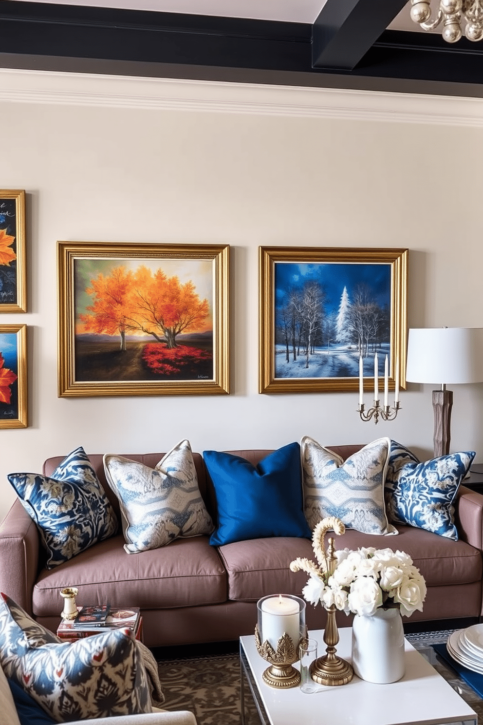 Seasonal artwork displayed in elegant frames adorns the walls of a contemporary living room. The pieces feature vibrant colors and themes that reflect the changing seasons, creating a warm and inviting atmosphere. For Hanukkah decorating ideas in a cozy apartment, consider using blue and silver accents throughout the space. Menorahs, decorative dreidels, and festive table settings can enhance the holiday spirit while maintaining a sophisticated aesthetic.