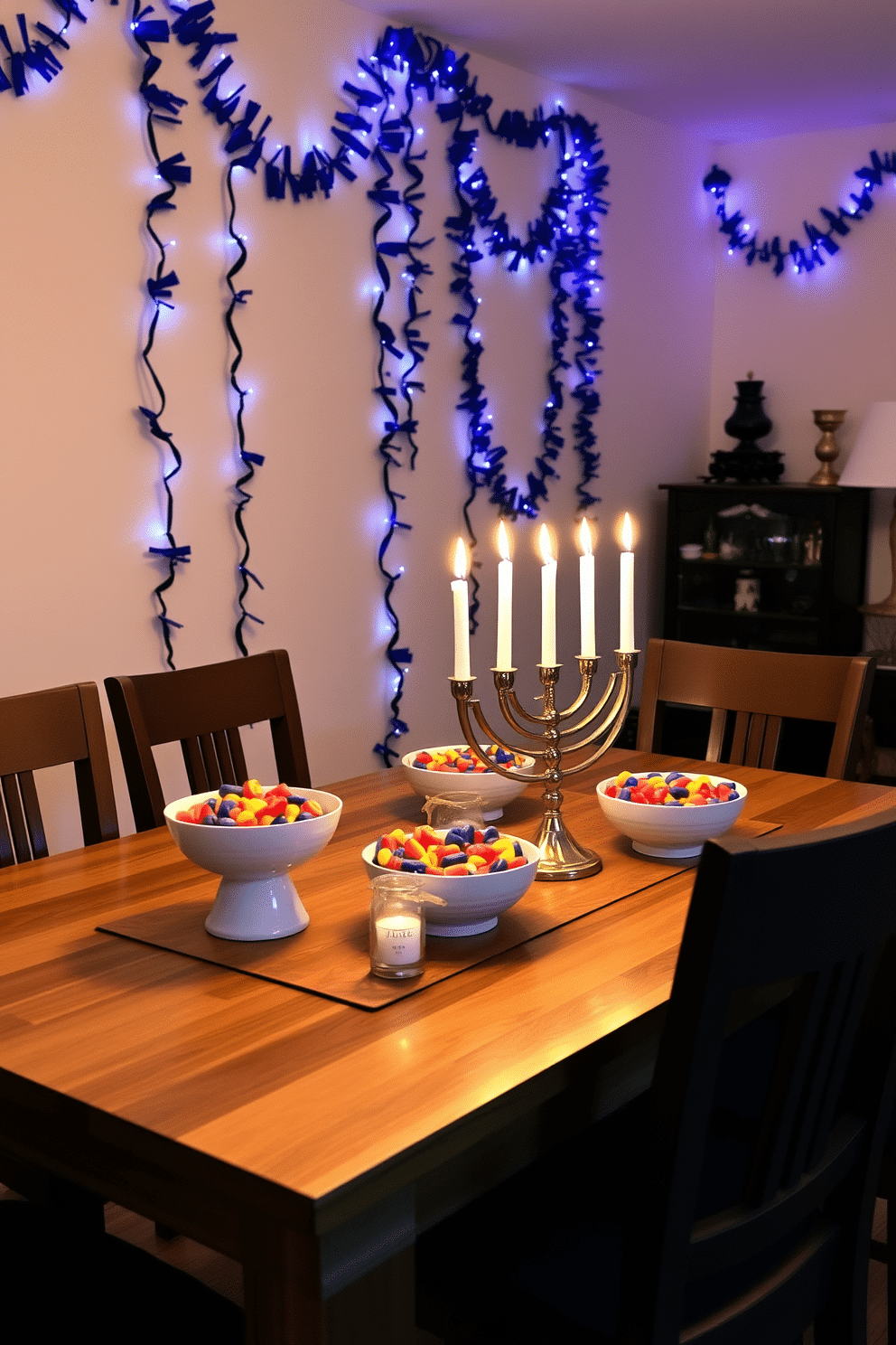 A cozy apartment setting adorned for Hanukkah. On a wooden dining table, decorative bowls filled with vibrant gelt candy are artfully arranged alongside flickering menorah candles, creating a warm and festive atmosphere. The walls are draped with blue and white garlands, reflecting the colors of the holiday. Soft, ambient lighting illuminates the space, enhancing the joyful decorations and inviting a sense of celebration.