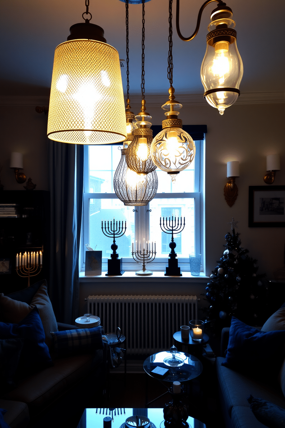 A collection of unique lighting fixtures elegantly illuminates the room, featuring a mix of pendant lights and sconces with intricate designs. The warm glow from these fixtures highlights the carefully curated decor, creating a cozy and inviting atmosphere. For Hanukkah, the apartment is adorned with tasteful decorations that celebrate the holiday's spirit. Menorahs are placed strategically on windowsills, while blue and silver accents throughout the space add a festive touch.