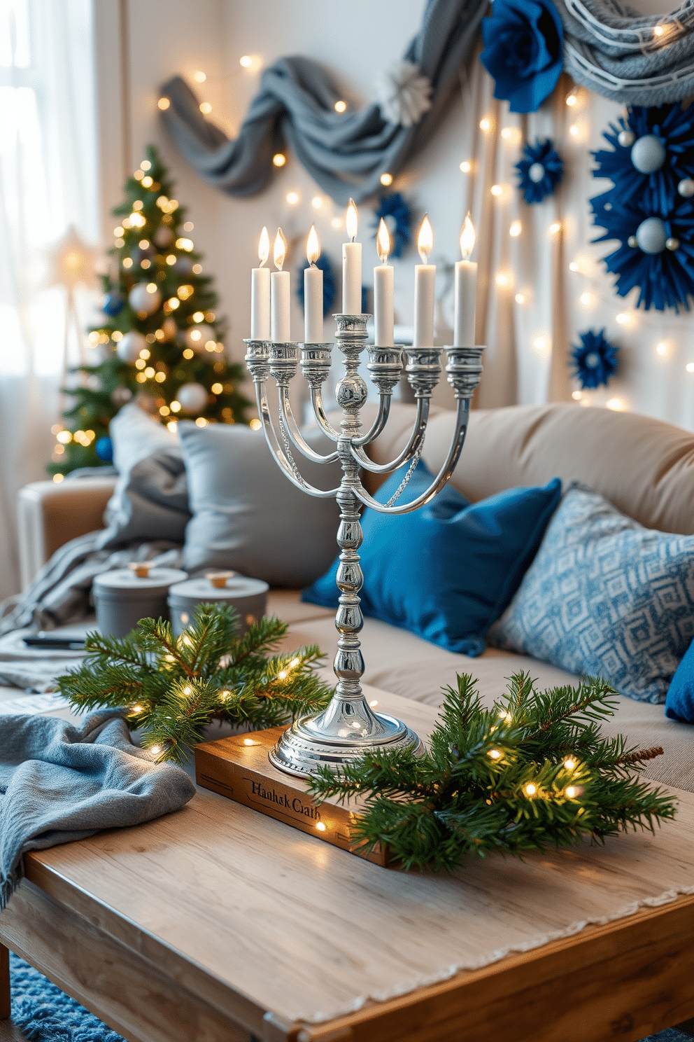 A cozy apartment setting adorned for Hanukkah, featuring a beautifully decorated menorah made of polished silver placed on a wooden table. Surrounding the menorah are pine branches elegantly arranged with white fairy lights, creating a warm and inviting atmosphere. The walls are draped with blue and silver decorations, reflecting the colors of the holiday. Soft, warm throws and cushions in rich textures are scattered across a plush sofa, inviting guests to gather and celebrate together.