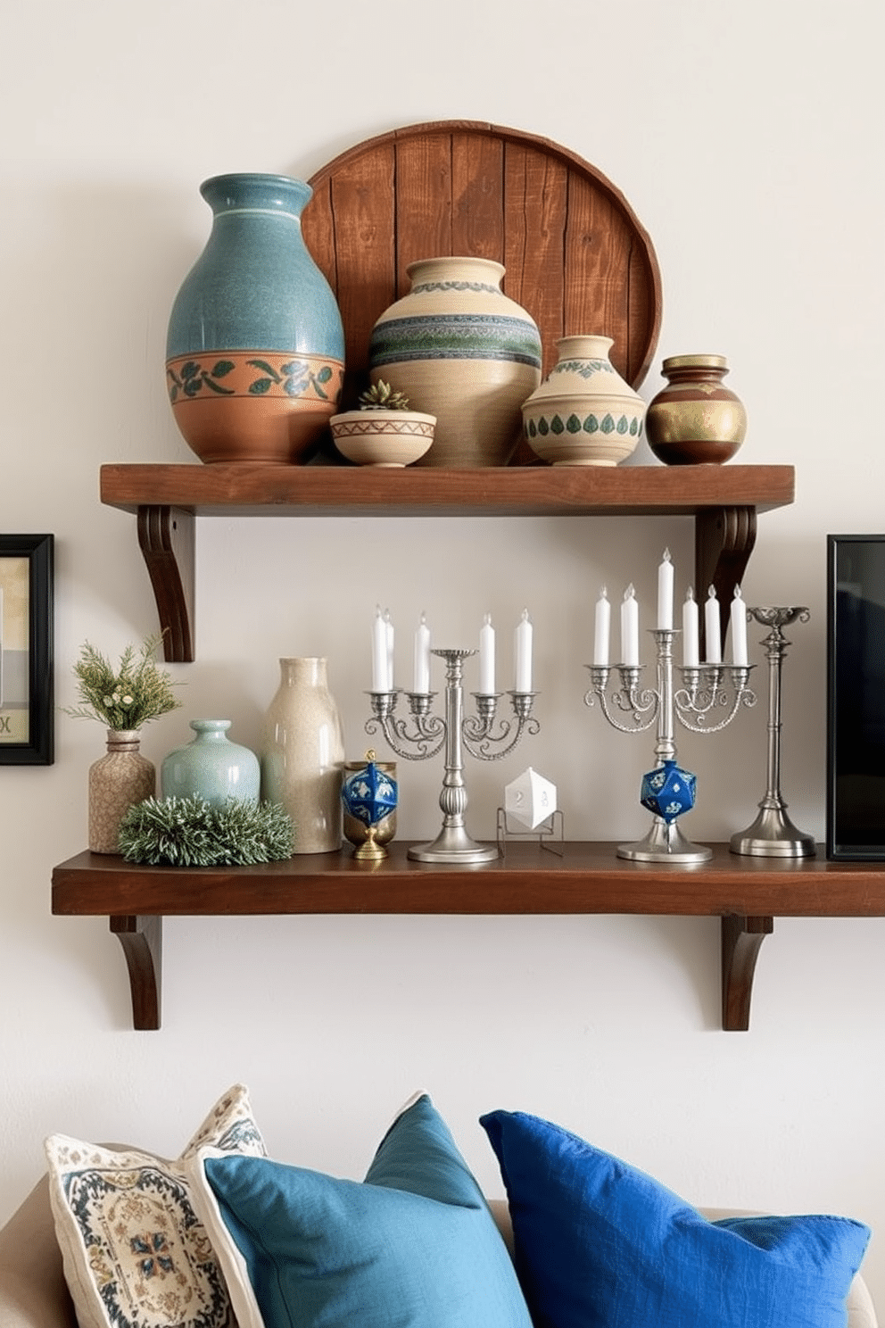 Artisan pottery displayed on a rustic wooden shelf adds warmth and character to the space. The earthy tones of the pottery complement the natural textures of the surrounding decor, creating a cozy and inviting atmosphere. For Hanukkah, the apartment is adorned with elegant blue and silver accents. Menorahs and decorative dreidels are strategically placed, enhancing the festive ambiance while maintaining a sophisticated aesthetic.