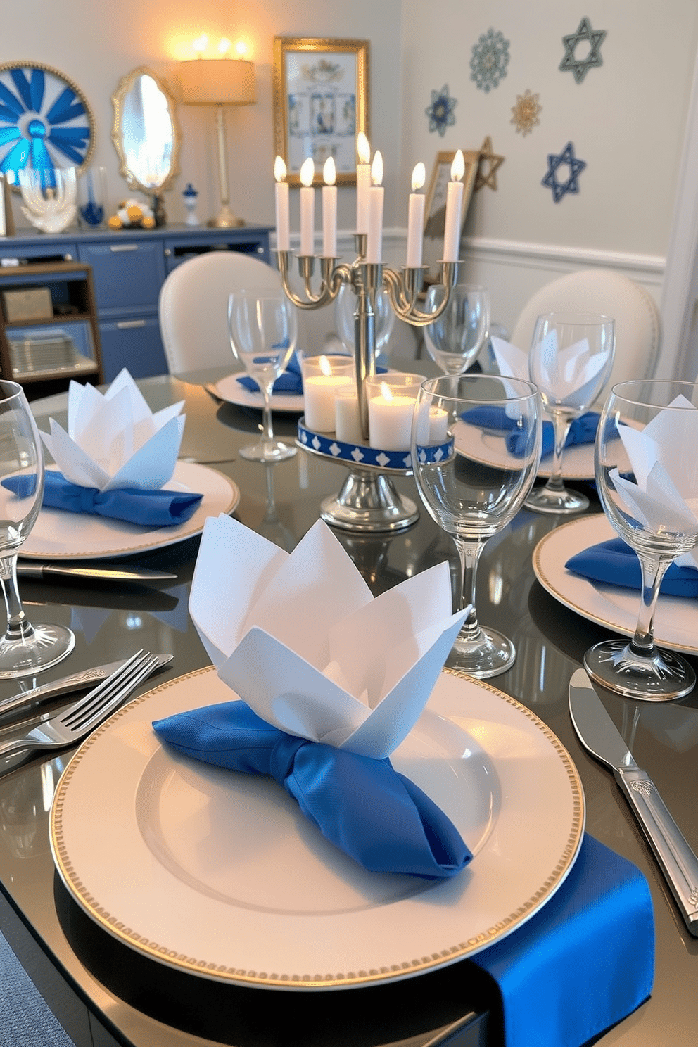 An elegant dinner table setting features intricately folded napkins that resemble delicate flowers, each placed atop fine china plates. The table is adorned with shimmering silverware and crystal glassware, creating a sophisticated atmosphere for the occasion. For Hanukkah, the apartment is beautifully decorated with blue and white accents, including a menorah as the centerpiece on the dining table. Soft, warm lighting enhances the festive spirit, while tasteful decorations like dreidels and star motifs add a joyful touch to the space.