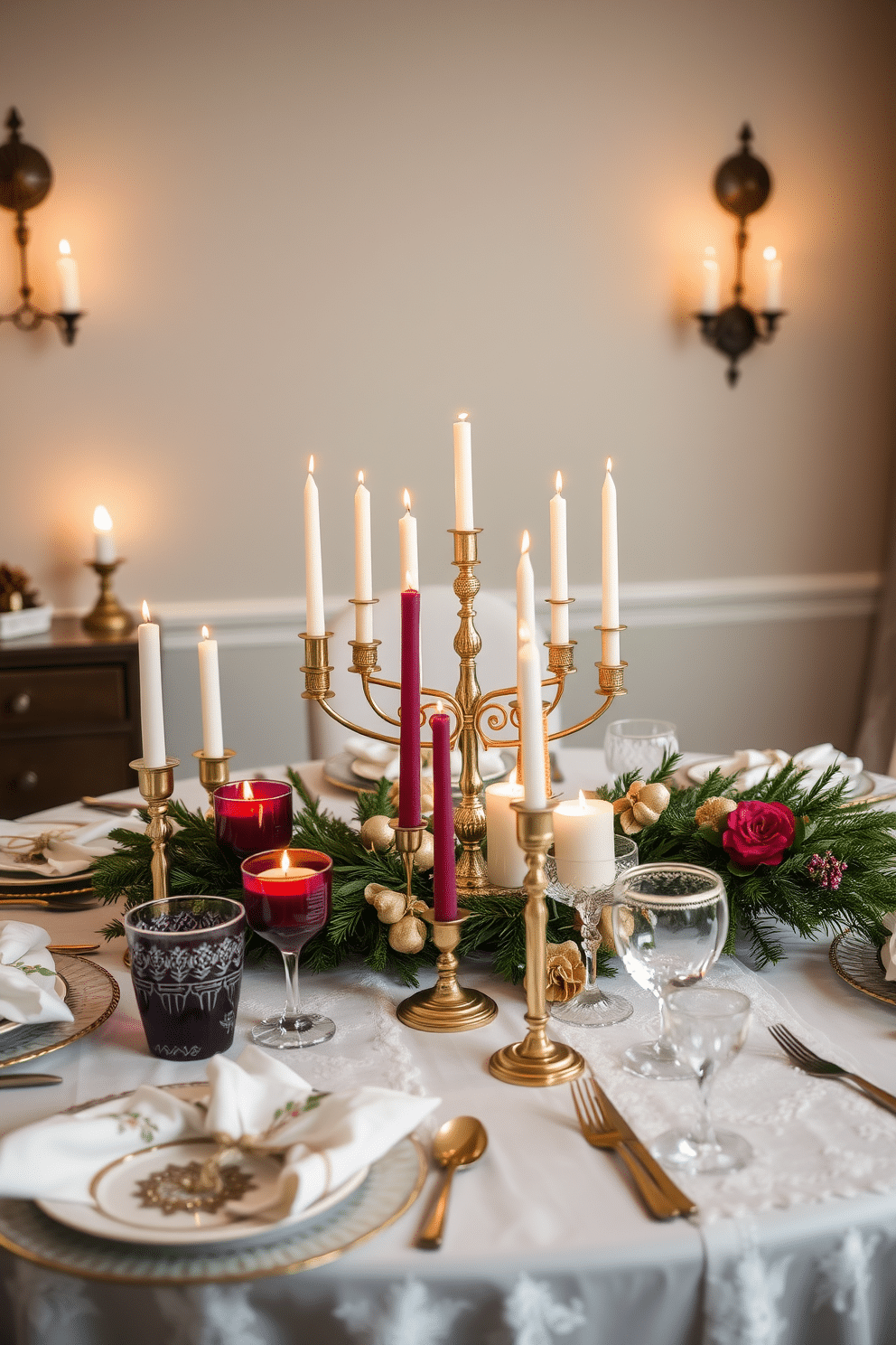 An elegant menorah is the focal point of a beautifully set dining table, adorned with delicate white linens and shimmering gold accents. Surrounding the menorah, a collection of festive candles in rich jewel tones adds warmth and a touch of tradition to the festive atmosphere. The table is complemented by stylish dinnerware featuring intricate patterns, and seasonal greenery is artfully arranged to enhance the Hanukkah spirit. Soft, ambient lighting from nearby sconces creates a cozy and inviting environment for family gatherings during the holiday season.