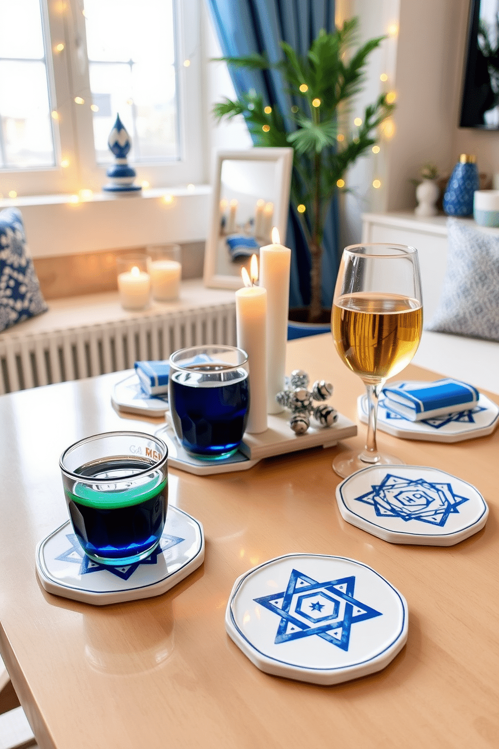 Holiday-themed coasters for drinks. Each coaster features intricate designs inspired by traditional Hanukkah symbols, such as menorahs and dreidels, crafted from high-quality ceramic with a glossy finish. Apartment Hanukkah decorating ideas. The space is adorned with elegant blue and silver accents, including a beautifully set table with festive tableware, and twinkling string lights draped across the windows to create a warm, inviting atmosphere.