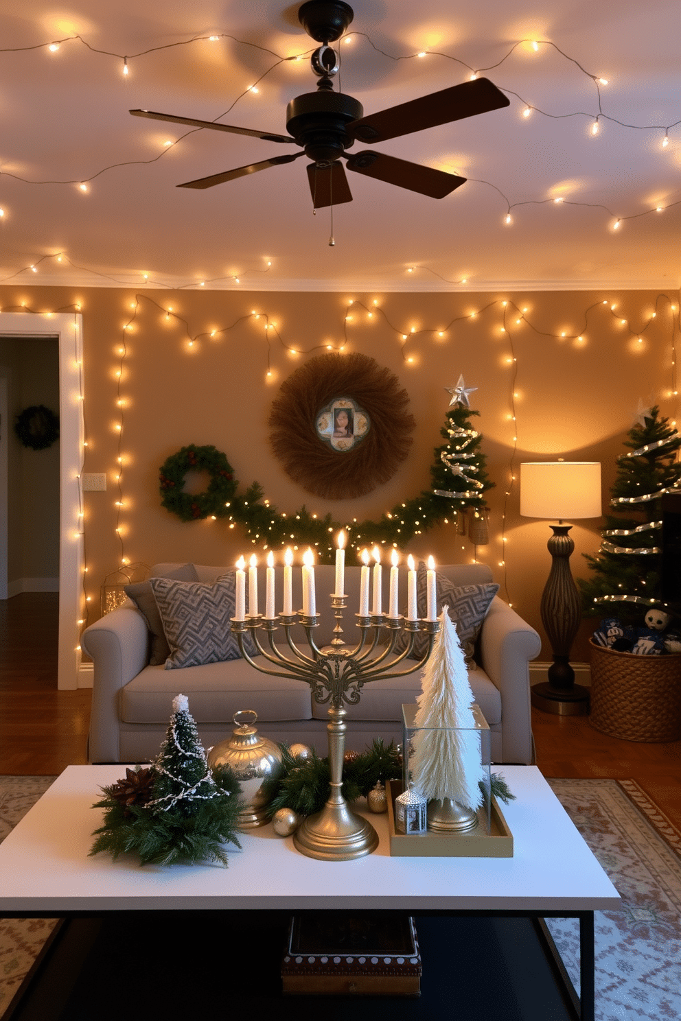 Create a warm and inviting atmosphere with string lights draped across the ceiling and walls, casting a soft glow throughout the space. Incorporate festive decorations like a beautiful menorah on a coffee table, surrounded by holiday-themed accents that reflect the spirit of Hanukkah.