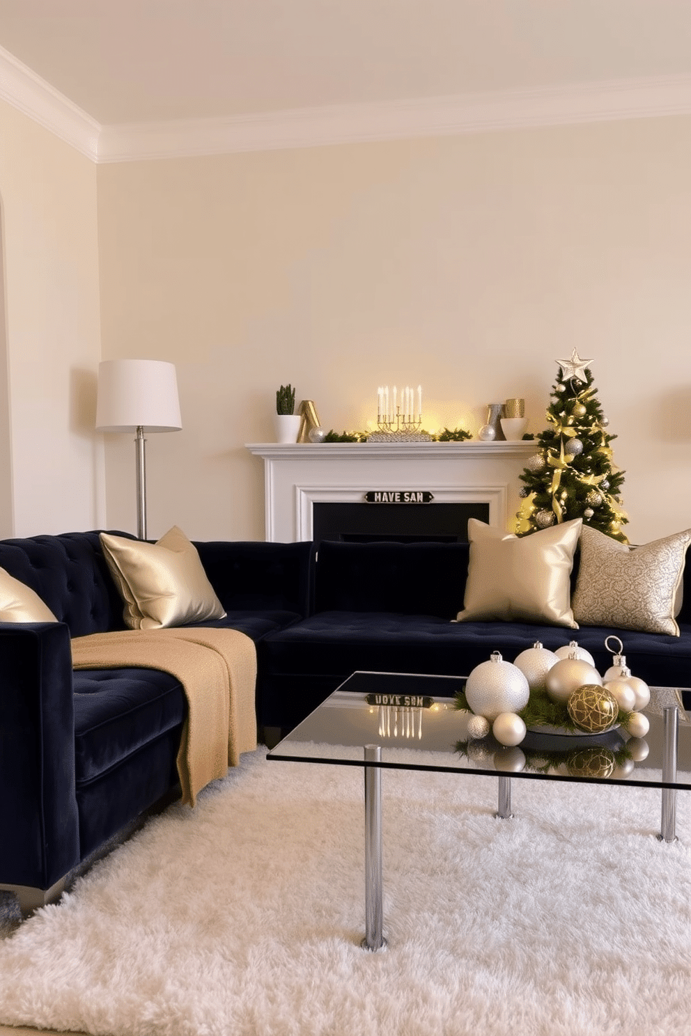 A stylish living room adorned with gold and silver accents, featuring a plush velvet sofa in deep navy. The coffee table is a sleek glass design with metallic legs, and decorative pillows in shimmering fabrics add a touch of elegance. The walls are painted in a soft cream, providing a warm backdrop for the festive decor. A beautifully arranged menorah sits on the mantel, surrounded by twinkling fairy lights and tasteful holiday ornaments.