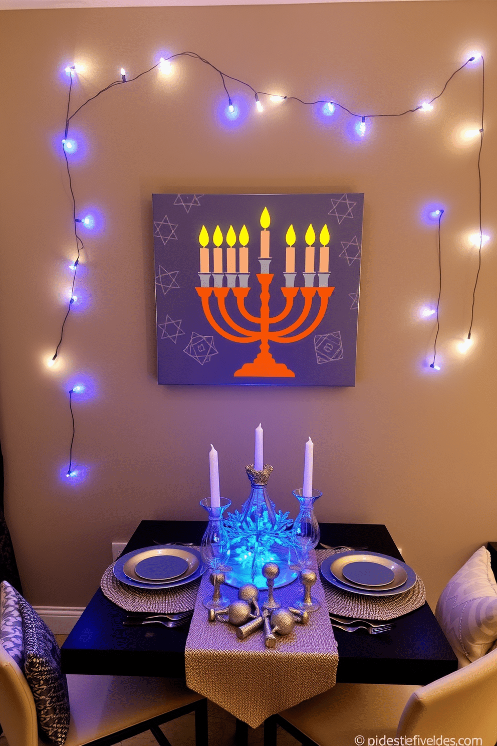 Creative wall art featuring Hanukkah symbols. The artwork includes a vibrant menorah surrounded by dreidels and stars of David, all set against a deep blue background. Apartment Hanukkah decorating ideas. String lights in blue and white adorn the windows, while a festive table setting showcases silver and gold accents, creating a warm and inviting atmosphere.