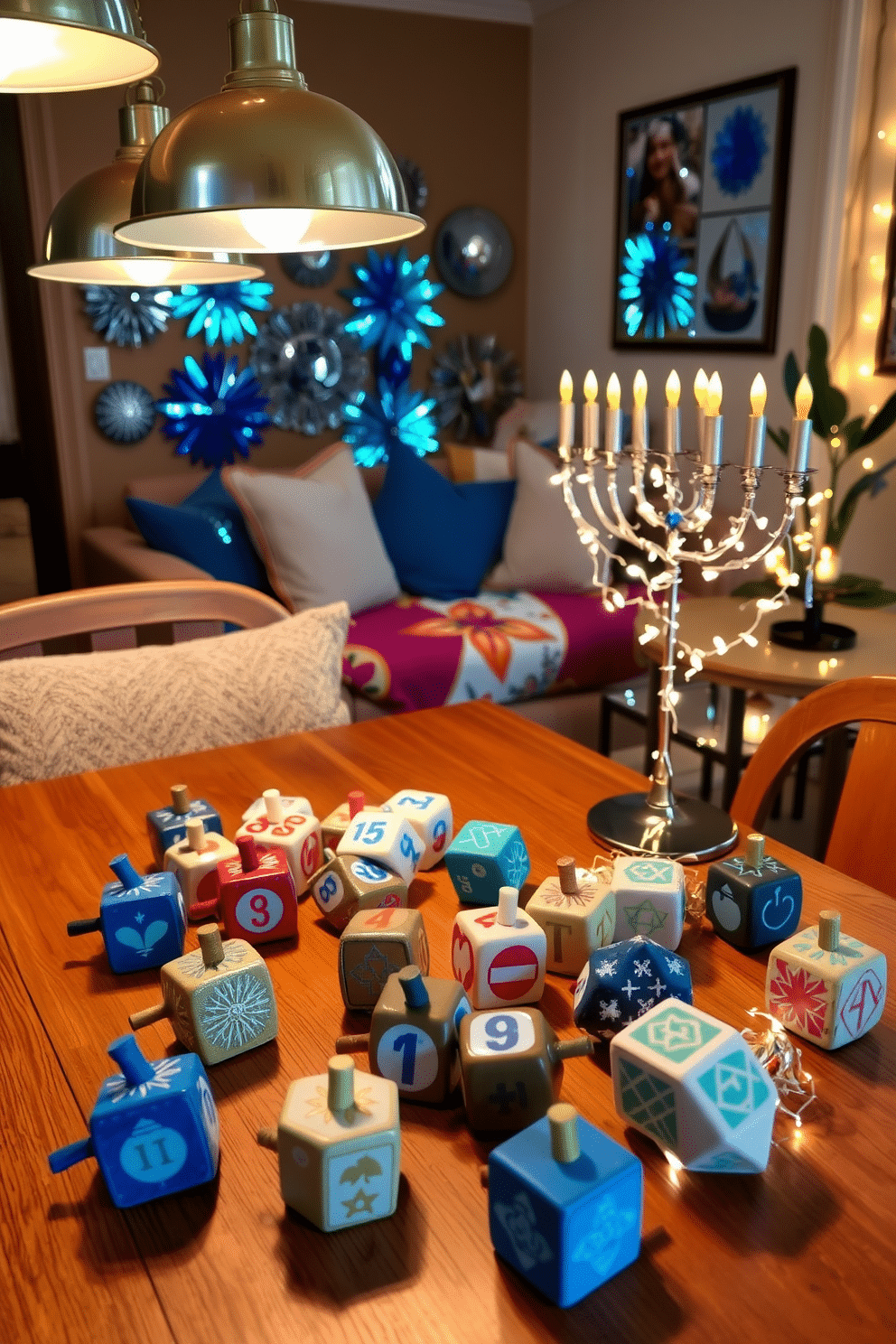 Decorative dreidels in various colors and designs are scattered across a wooden dining table, creating a festive atmosphere. Soft, warm lighting from overhead fixtures highlights the intricate details of each dreidel, while a backdrop of shimmering blue and silver decorations enhances the Hanukkah theme. In the living room, a cozy arrangement of plush cushions and a vibrant throw blanket complements the festive decor. A beautifully adorned menorah stands proudly on a side table, surrounded by twinkling fairy lights that add a magical touch to the space.