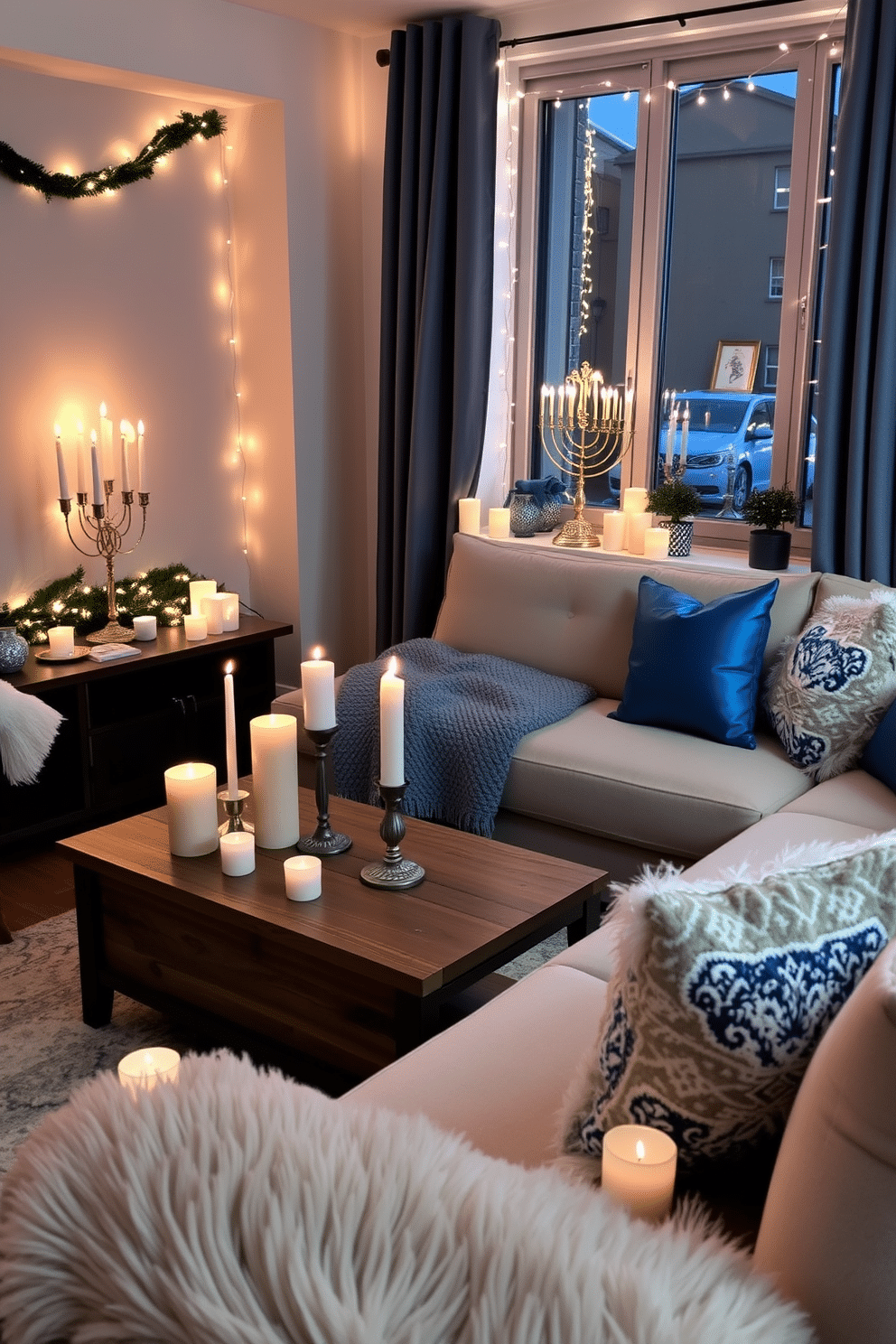 A cozy living room adorned with scented candles, casting a warm glow throughout the space. The candles, in various heights and colors, are arranged on a rustic wooden coffee table, complemented by soft, plush throws draped over a modern sectional sofa. For Hanukkah, the apartment is decorated with a beautiful menorah placed on the windowsill, surrounded by twinkling fairy lights. Blue and silver accents, such as decorative pillows and festive ornaments, add a cheerful touch to the festive atmosphere.