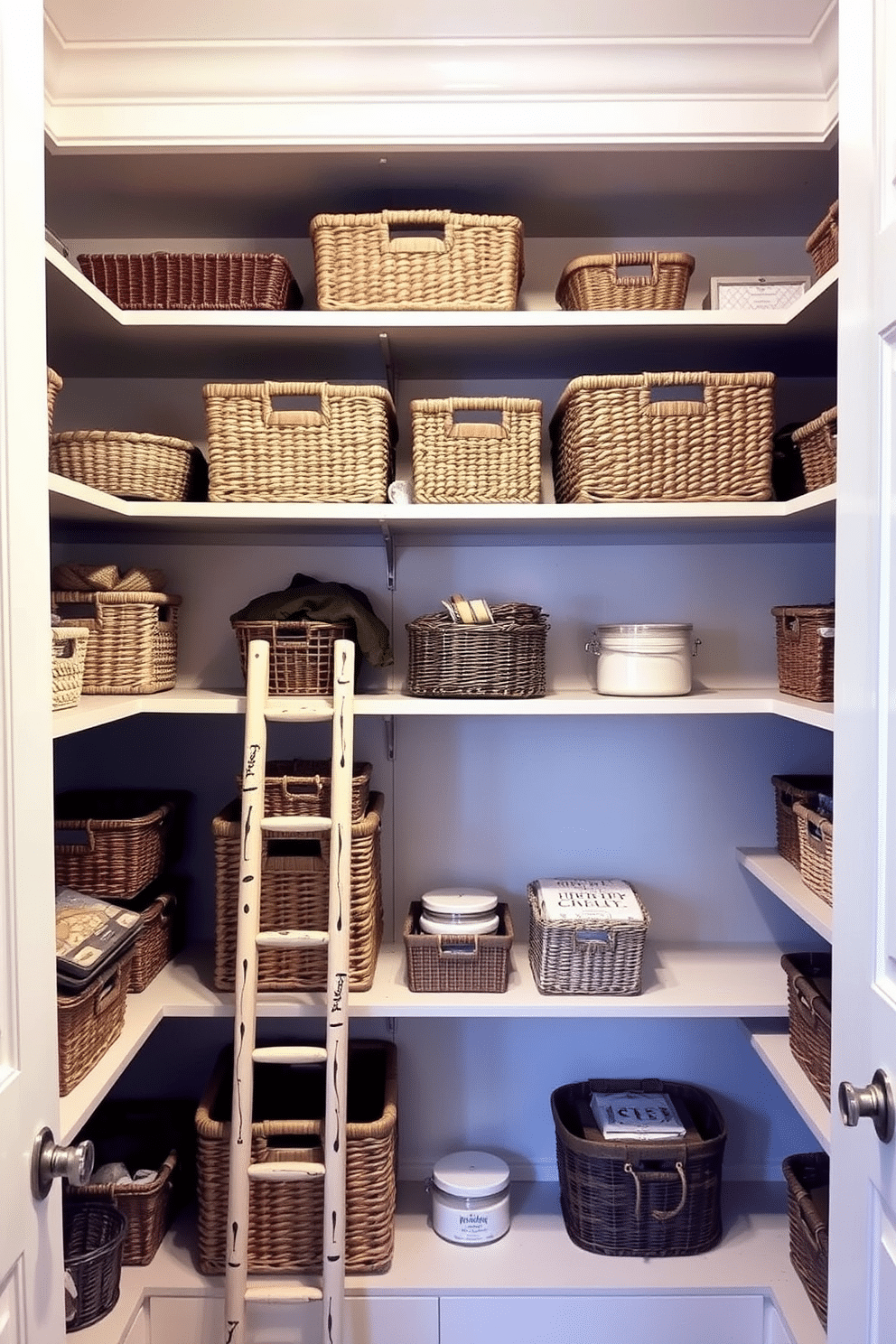 Open shelving with decorative baskets creates a functional yet stylish pantry space. The shelves are filled with neatly arranged baskets in various textures, providing both organization and a touch of warmth. The walls are painted in a soft, neutral tone to enhance the brightness of the room. A small wooden ladder leans against one shelf, adding a rustic charm and easy access to higher items.