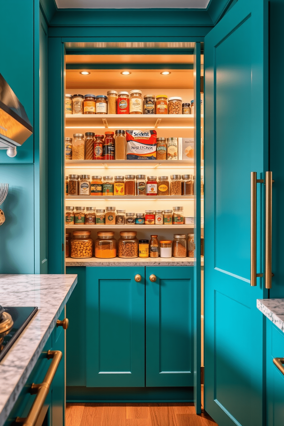 Colorful pantry doors create a vibrant focal point in the kitchen, adding personality and charm to the space. The doors are painted in a bold teal, complemented by sleek brass handles that enhance the modern aesthetic. Inside, the pantry features open shelving lined with neatly organized jars and containers, showcasing a variety of colorful spices and ingredients. Warm LED lighting illuminates the shelves, creating an inviting atmosphere that encourages culinary creativity.