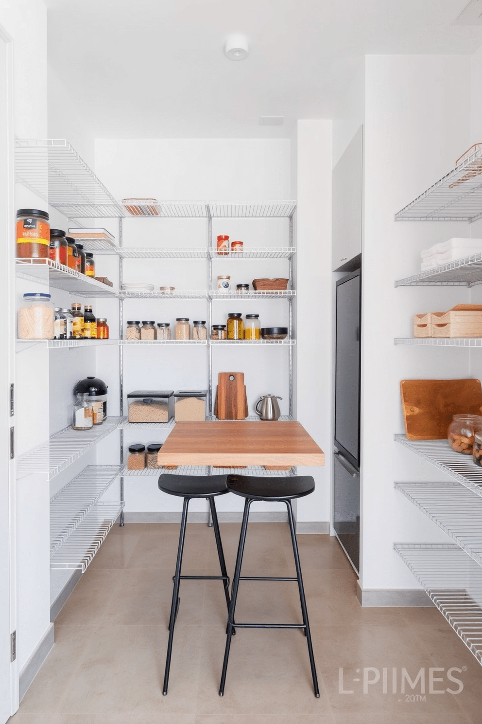 A modern apartment pantry featuring sleek wire racks for easy organization. The walls are painted in a soft white hue, and the floor is adorned with light gray tiles, creating a bright and airy atmosphere. On the wire racks, neatly arranged jars of spices and grains add a pop of color. A small wooden island in the center provides additional storage and workspace, complemented by stylish bar stools.