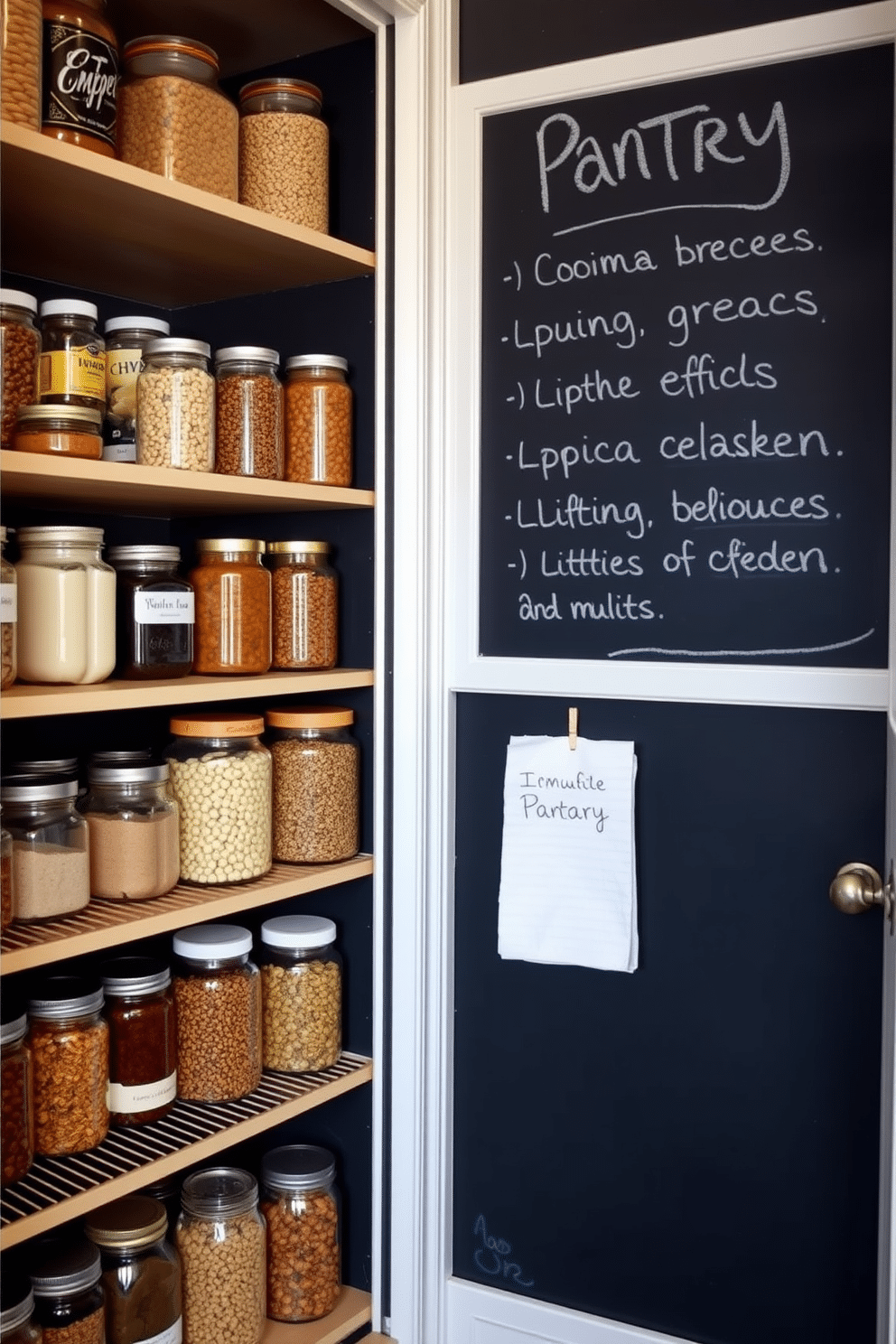 A stylish pantry featuring a chalkboard wall that allows for easy note-taking and grocery lists. The shelves are filled with neatly organized jars and containers, enhancing both functionality and aesthetics.