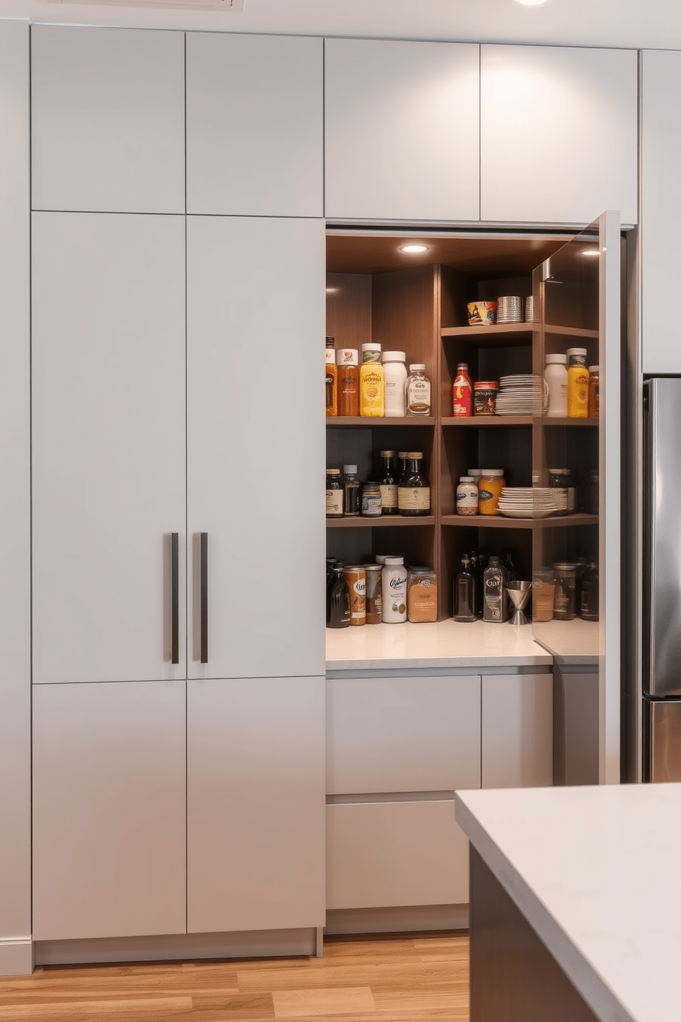 A hidden pantry seamlessly integrated behind a false wall, featuring sleek cabinetry that blends with the surrounding decor. Inside, organized shelves hold various food items, and a small countertop offers space for meal prep, illuminated by soft, recessed lighting.