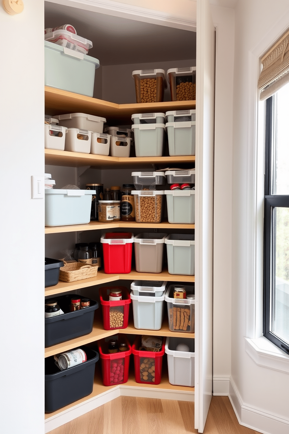 A modern apartment pantry featuring stackable bins for maximizing space. The bins are organized on open shelving, showcasing a variety of colors and sizes to create an aesthetically pleasing yet functional storage solution. The walls are painted in a soft white, enhancing the brightness of the space. Natural light floods in through a nearby window, illuminating the neatly arranged pantry items and creating an inviting atmosphere.