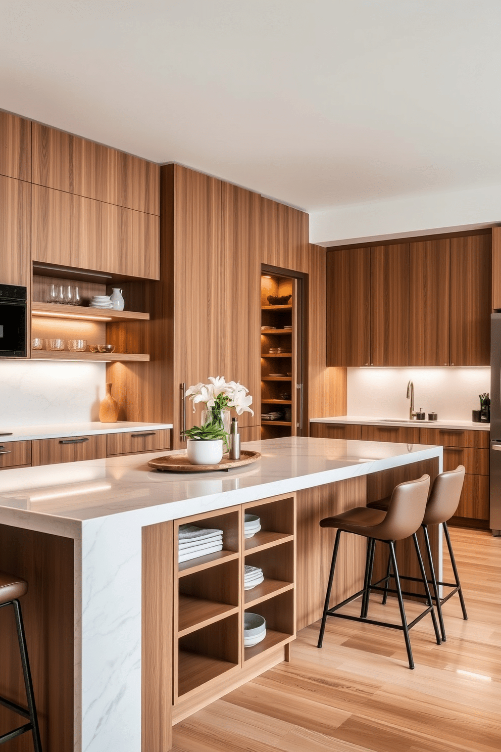 A multi-functional island features a sleek design with integrated pantry storage, showcasing open shelving for easy access to kitchen essentials. The island is topped with a polished quartz surface, surrounded by stylish bar stools, creating a perfect space for casual dining and meal prep. The pantry is designed with floor-to-ceiling cabinets, incorporating pull-out shelves and a hidden spice rack for optimal organization. Soft, ambient lighting highlights the warm wood tones of the cabinetry, enhancing the inviting atmosphere of the apartment kitchen.