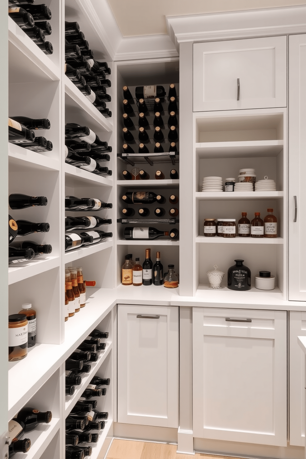 A modern pantry featuring built-in wine racks seamlessly integrated into custom cabinetry. The walls are painted in a soft gray, complemented by sleek white shelving that holds an array of gourmet ingredients and kitchen essentials.