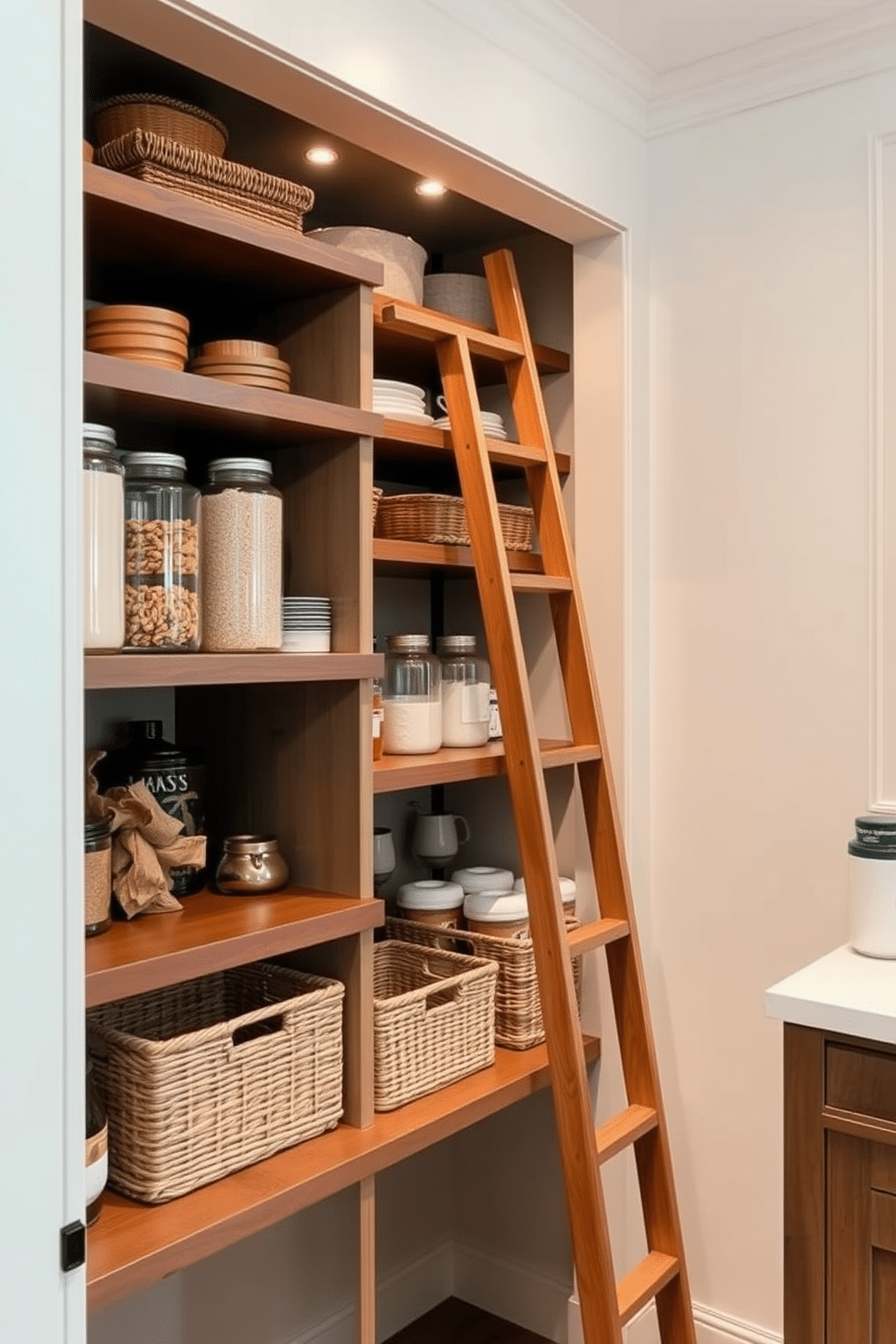 A stylish ladder-style pantry features open shelving that maximizes vertical space, allowing for easy access to all your kitchen essentials. The wooden ladder leans against the shelves, providing a functional yet decorative element, while the walls are painted in a soft, neutral hue to enhance the airy feel of the space. Incorporating glass jars and woven baskets adds texture and organization, making it easy to find and store dry goods. The warm lighting highlights the pantry's contents, creating an inviting atmosphere that encourages culinary creativity.