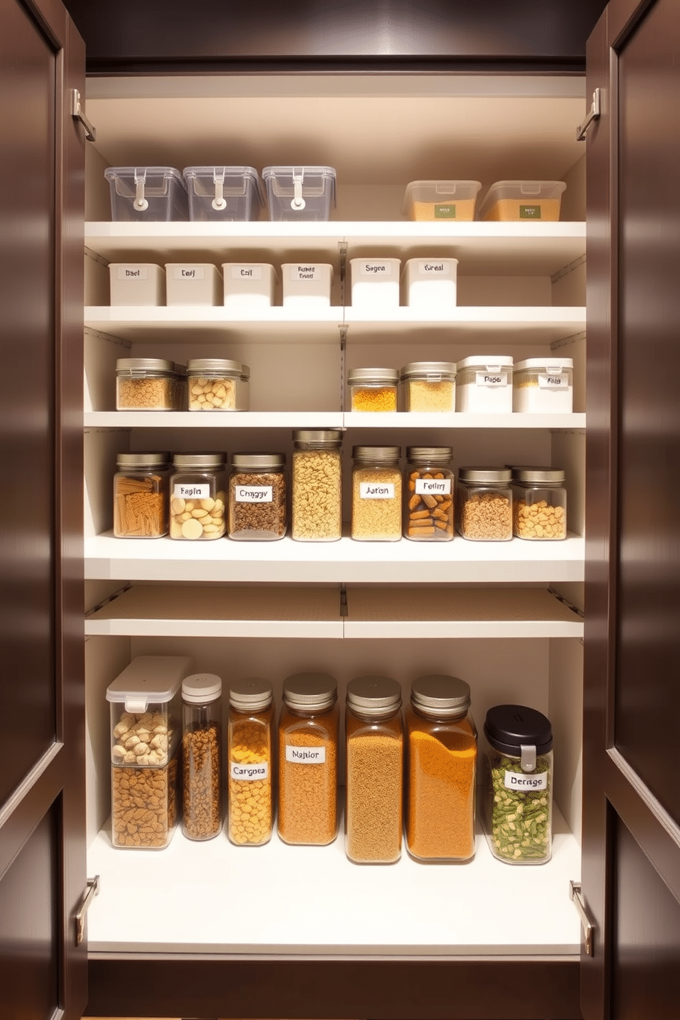 Custom cabinetry with adjustable shelves creates a functional and stylish pantry space. The cabinetry features a sleek finish, complemented by organized containers and labeled jars for easy access to pantry essentials.