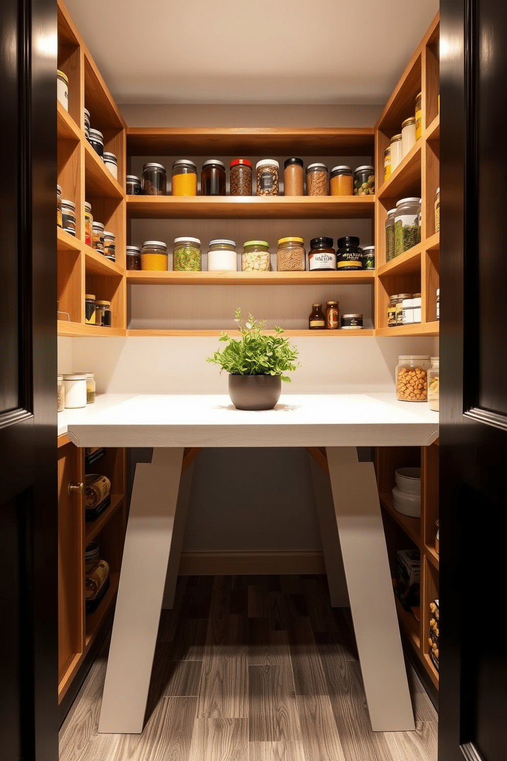 A compact pantry featuring a fold-out table that maximizes space efficiency. The walls are lined with open shelving, displaying neatly organized jars and containers, while the table is adorned with a small potted herb garden for a touch of greenery.