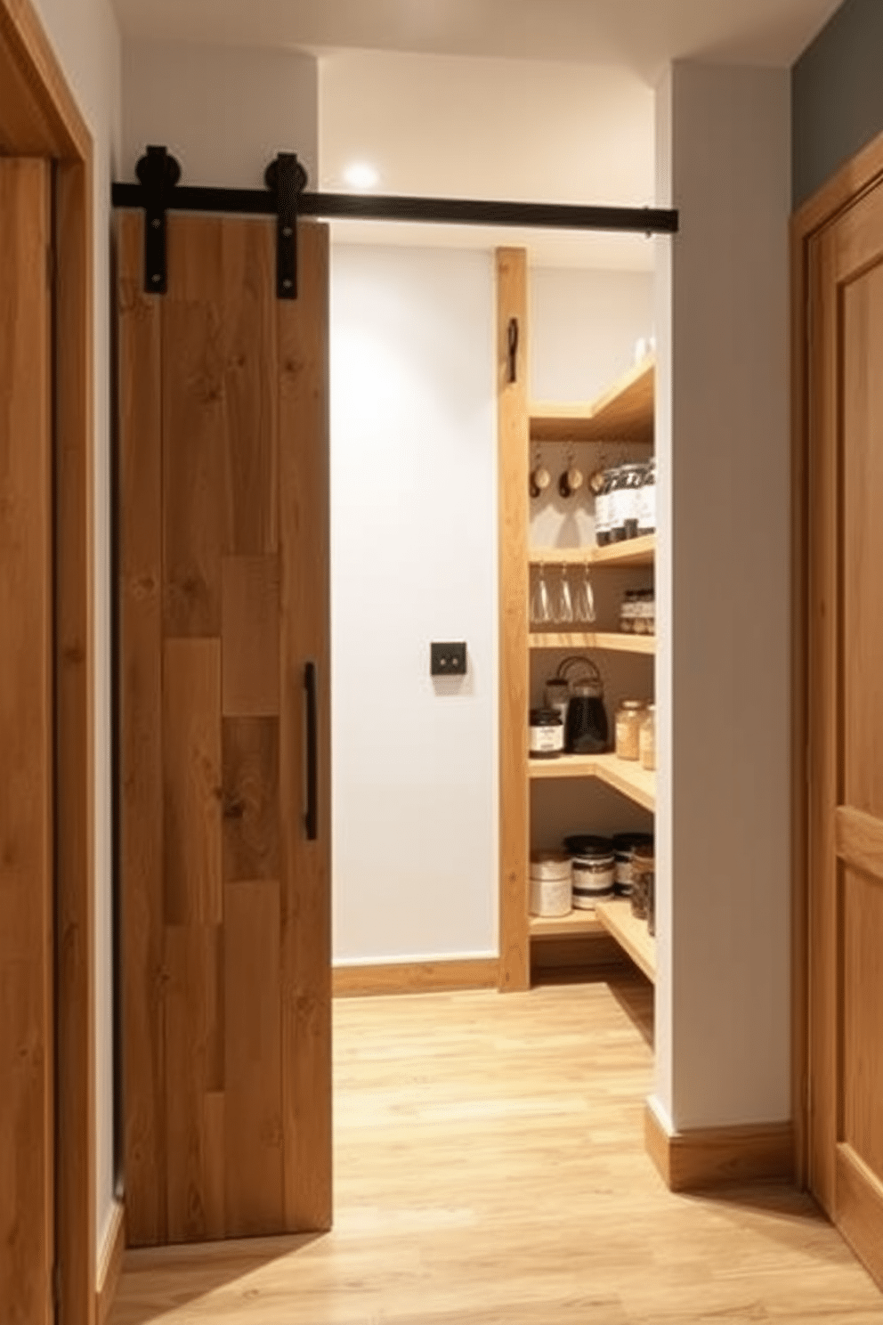 A sliding barn door made of reclaimed wood adds rustic charm to the entryway, featuring wrought iron hardware that complements the natural finish. The door slides effortlessly along a rail, creating a striking focal point that enhances the warm, inviting atmosphere of the space. For the apartment pantry design, open shelving made of natural wood showcases neatly arranged jars and containers, providing both functionality and aesthetic appeal. Soft, ambient lighting illuminates the pantry, highlighting the rich textures of the wood and creating a cozy, organized environment.