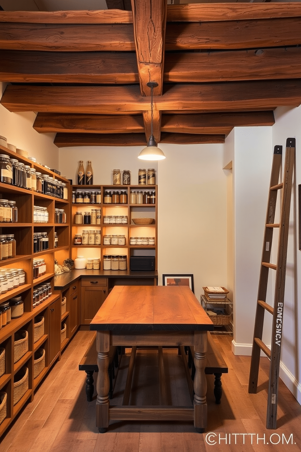 A cozy apartment pantry featuring rustic wood beams across the ceiling, creating an inviting atmosphere. The walls are adorned with open shelving, displaying neatly organized jars of spices and grains, complemented by warm ambient lighting. The pantry includes a farmhouse-style wooden table in the center, perfect for meal prep and casual dining. A vintage ladder rests against the wall, providing access to higher shelves and adding to the rustic charm of the space.