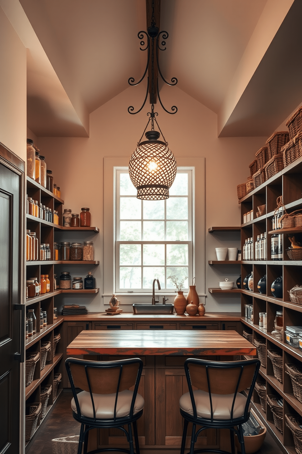 An open pantry featuring decorative pendant lighting that casts a warm glow over the space. The shelves are filled with neatly organized jars and baskets, showcasing a mix of colorful spices and grains against a backdrop of soft, neutral-colored walls. The pantry includes a rustic wooden countertop that serves as a small prep area, complemented by stylish bar stools for casual seating. A large window allows natural light to flood in, enhancing the inviting atmosphere and highlighting the beautiful textures of the decor.