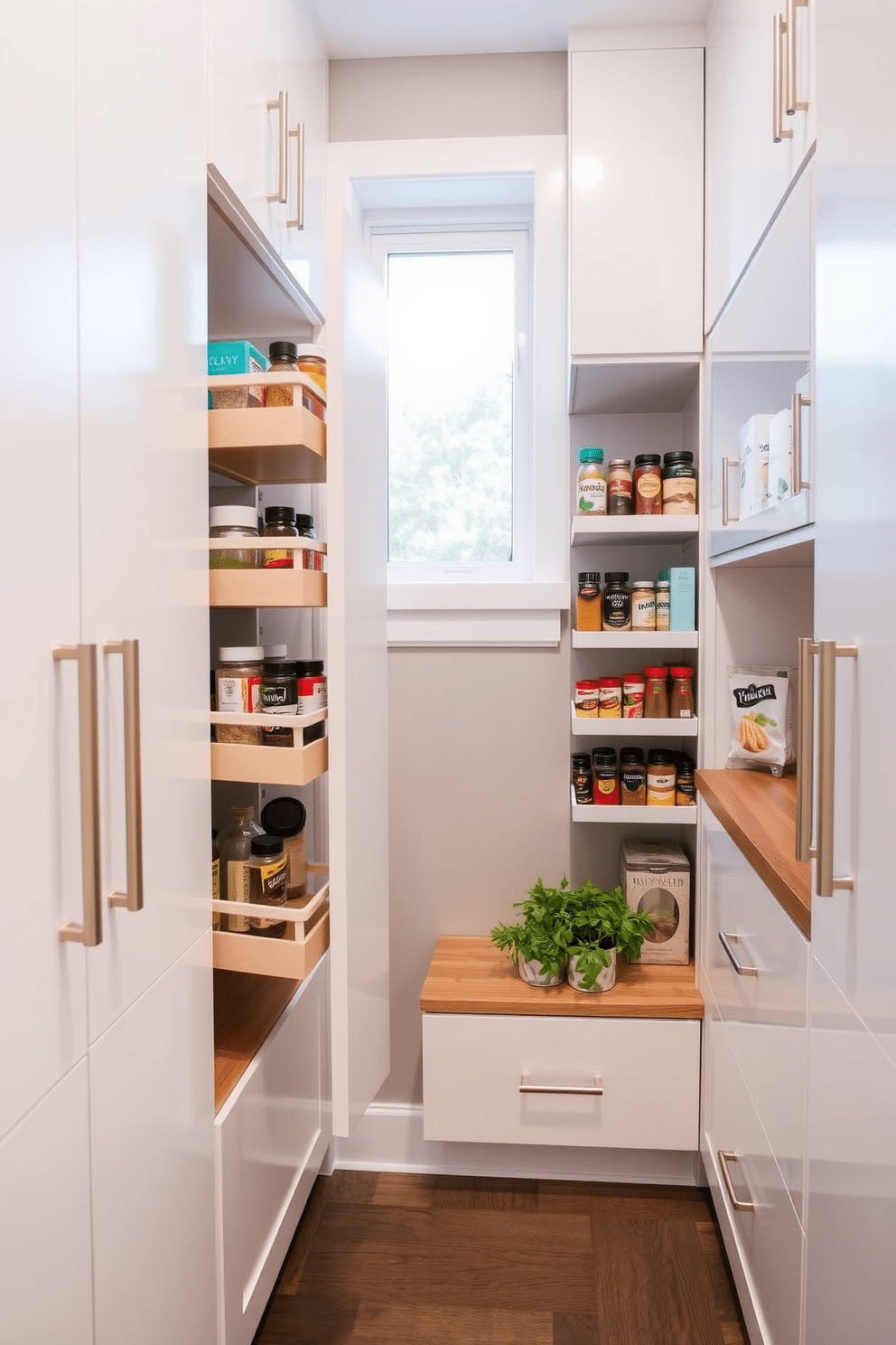 A modern pantry design featuring pull-out spice racks for easy access and organization. The cabinetry is finished in a sleek white with brushed nickel hardware, and the walls are adorned with a subtle grey backsplash. Natural light filters in through a small window, illuminating the space and highlighting the neatly arranged jars and containers. A small wooden countertop provides a functional workspace, complemented by a few potted herbs for added freshness.