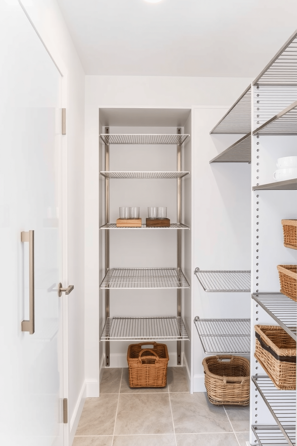 A modern pantry featuring sleek metal accents and minimalist shelving. The walls are painted in a soft white, and the floor is covered with light gray tiles for a clean look.