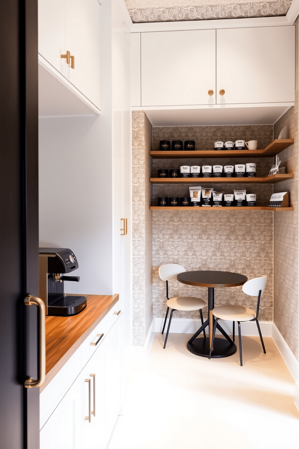 A sleek pantry design featuring a built-in coffee station with a modern espresso machine and a wooden countertop. The cabinetry is painted in a soft white, complemented by brass hardware, while the walls are adorned with patterned wallpaper that adds a touch of elegance. To the right of the coffee station, open shelving displays neatly organized coffee mugs and artisanal coffee beans. A small, round table with two chairs creates a cozy nook for enjoying morning brews, surrounded by soft, ambient lighting.