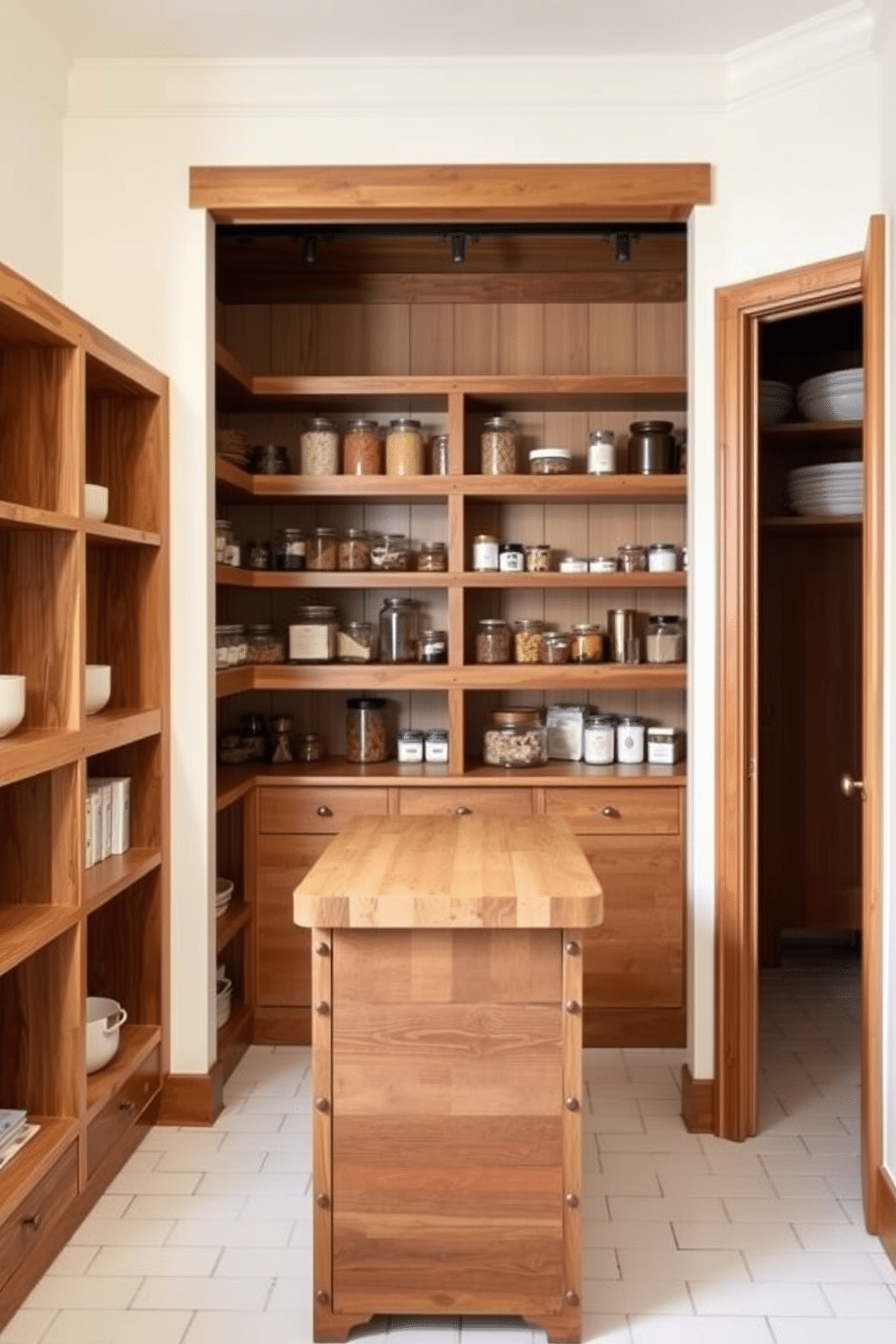 A stylish pantry featuring a sliding ladder, designed with open shelving made of reclaimed wood. The walls are painted in a soft cream color, and the floor is adorned with classic subway tiles, creating a warm and inviting atmosphere. The pantry includes a central island with a butcher block countertop, perfect for meal prep and additional storage. Vintage-style jars and containers are neatly arranged on the shelves, showcasing an organized display of spices and dry goods.