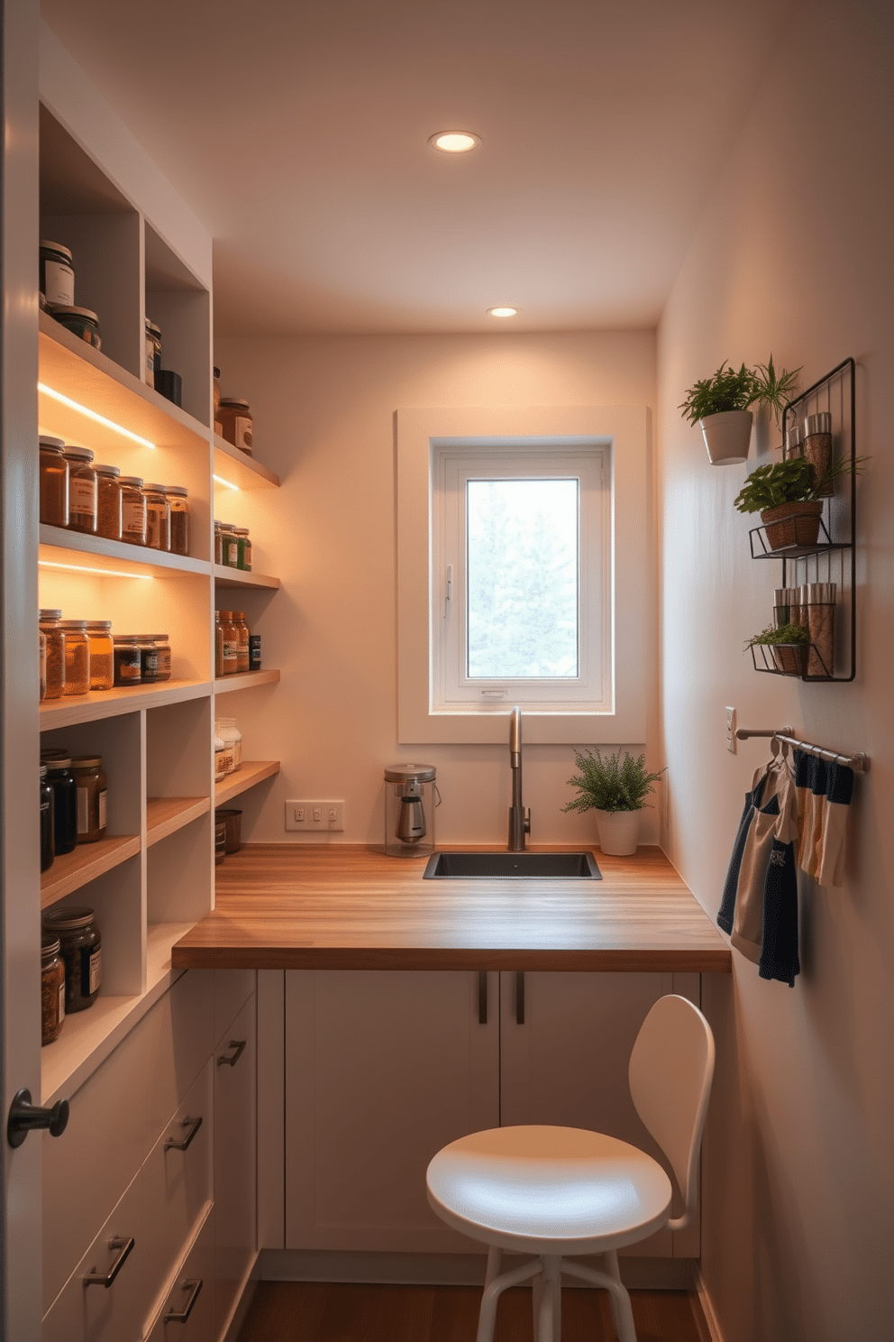 A lighted pantry featuring open shelves filled with neatly organized jars and containers, illuminated by warm LED lighting. The walls are painted in a soft white, enhancing the brightness of the space, while a small window allows natural light to filter in, creating an inviting atmosphere. The pantry includes a stylish wooden countertop that serves as a prep area, complemented by a chic bar stool for casual dining. Decorative elements like potted herbs and a wall-mounted spice rack add both functionality and charm to this modern apartment pantry design.