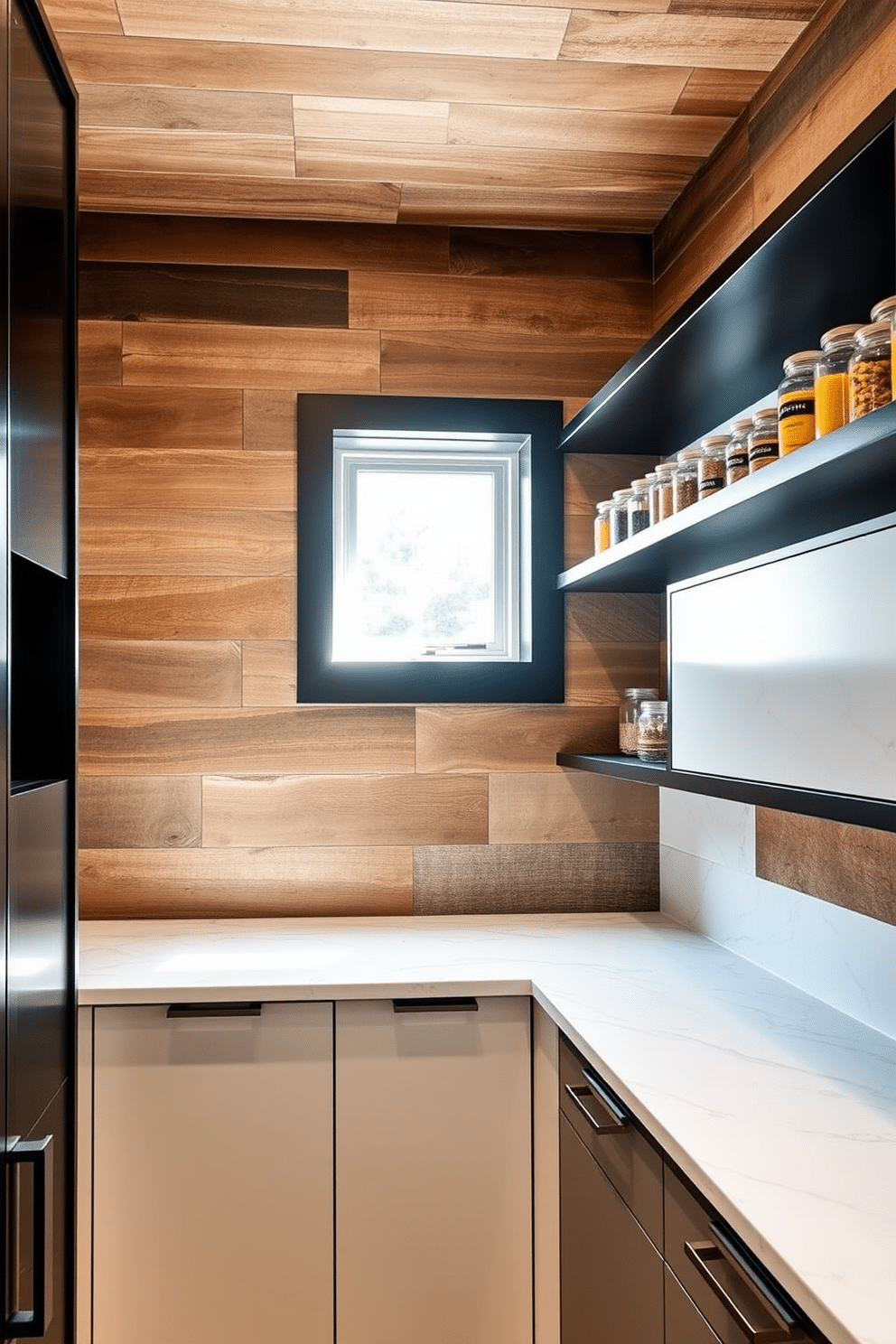 A modern pantry featuring a harmonious blend of textures. The walls are adorned with reclaimed wood panels, while the shelves showcase a mix of matte black and glossy white finishes. Natural light floods the space through a small window, illuminating the marble countertop that contrasts beautifully with the rustic elements. Decorative jars filled with colorful ingredients line the shelves, adding a touch of vibrancy to the overall design.