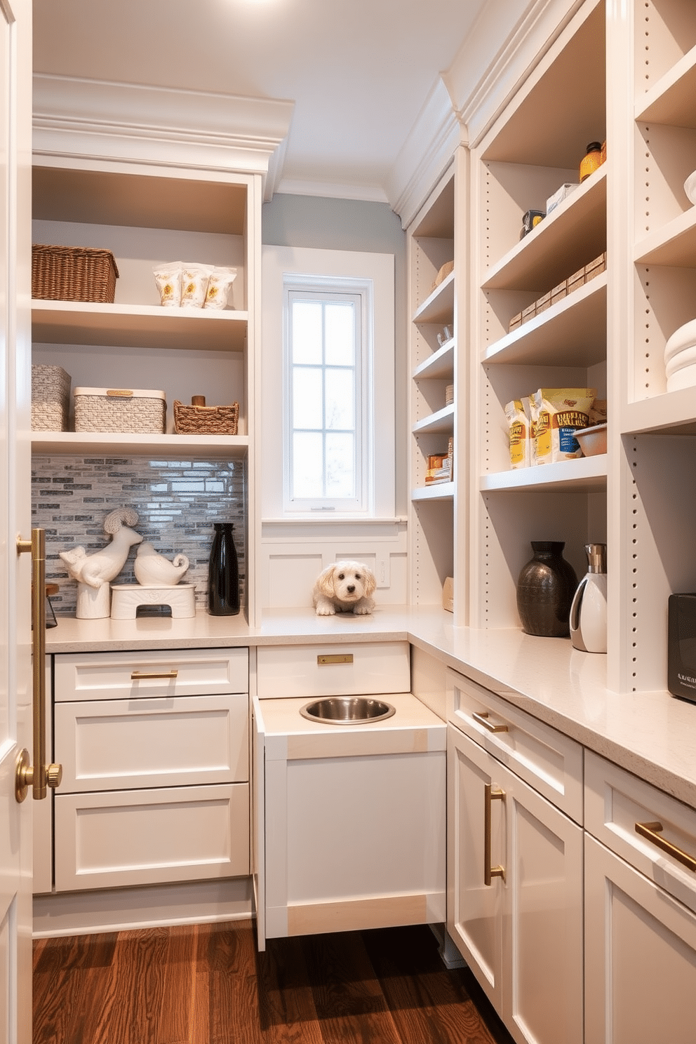 A stylish pantry featuring a built-in dog food station seamlessly integrated into the cabinetry. The station includes a pull-out drawer for food storage and a designated area for bowls, with a chic backsplash that complements the overall design. The pantry is designed with open shelving for easy access to snacks and cooking essentials, while the cabinetry is finished in a soft white with brushed gold hardware. A cozy corner includes a small window, allowing natural light to brighten the space and create a welcoming atmosphere.