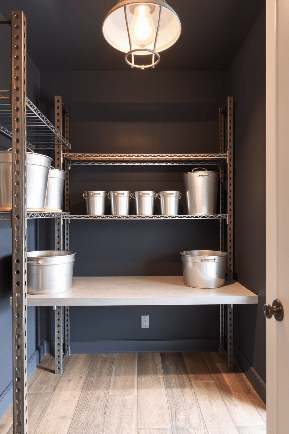 An industrial-style pantry featuring exposed metal shelving and a concrete countertop. The walls are painted in a deep charcoal color, and the floor is adorned with rustic wooden planks. Large metal storage bins are neatly arranged on the shelves, providing a modern touch. A vintage-style light fixture hangs overhead, casting a warm glow over the space.