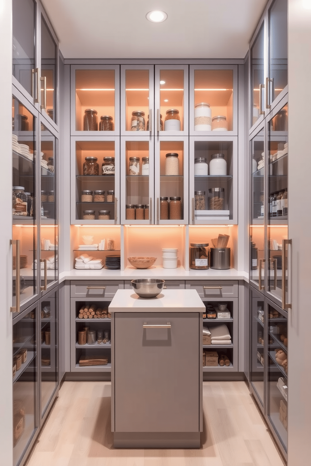 A modern pantry design featuring glass-front cabinets that allow for easy visibility of contents. The cabinets are complemented by sleek, minimalist hardware and are filled with neatly organized jars and containers, showcasing a harmonious blend of functionality and aesthetics. The pantry is illuminated with warm LED lighting, highlighting the glass shelves and creating an inviting atmosphere. A small, stylish island in the center provides additional storage and a convenient workspace for meal prep.