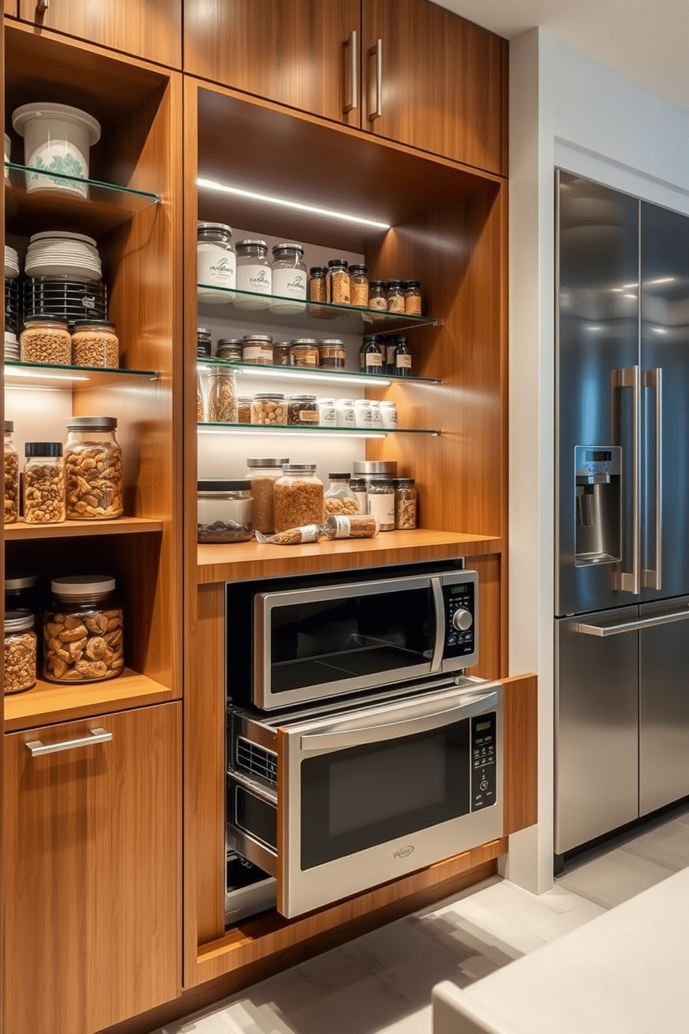 A stylish pantry featuring a hidden microwave drawer seamlessly integrated into the cabinetry. The shelves are stocked with neatly organized jars and containers, while soft LED lighting illuminates the space, highlighting the warm wood tones of the cabinetry.